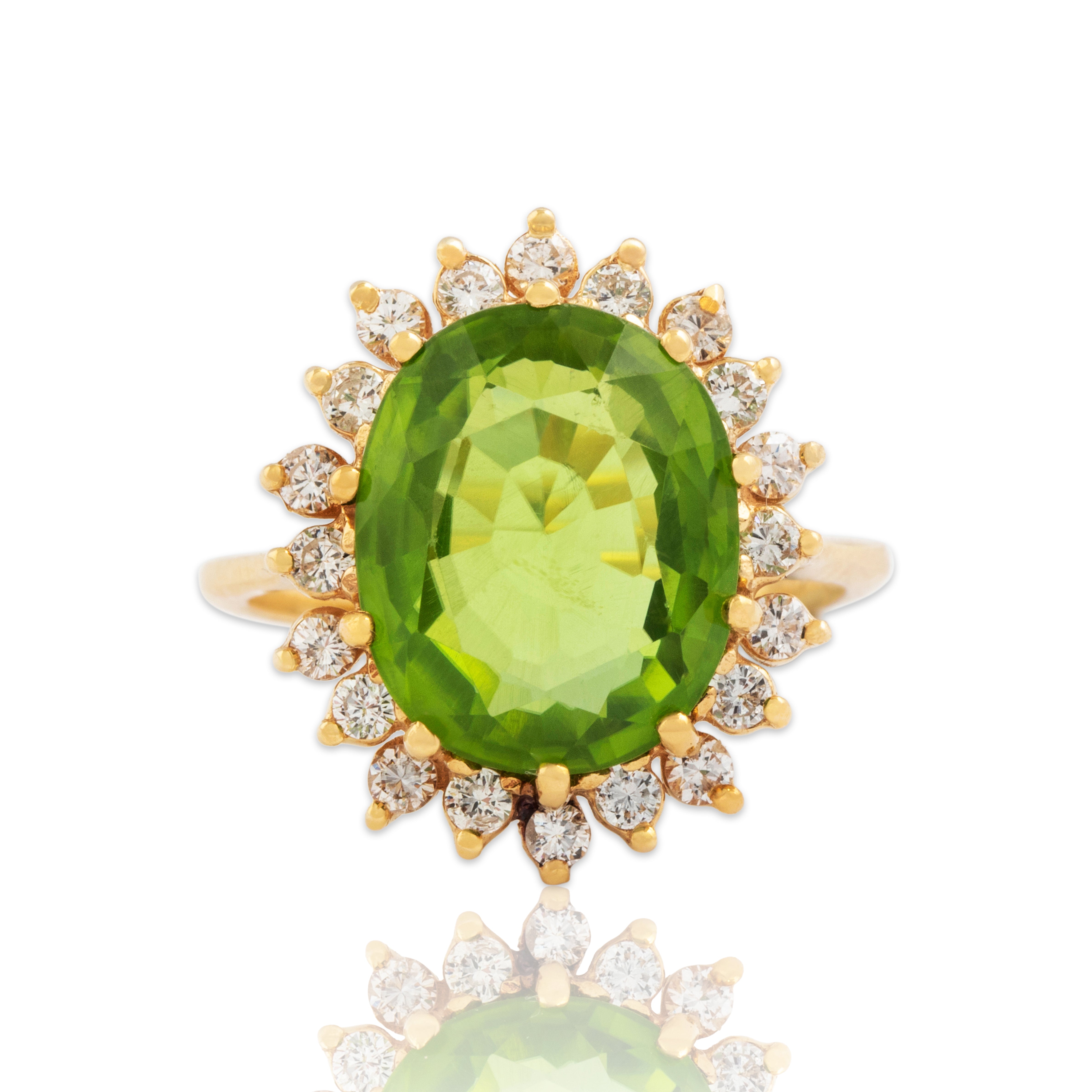 Vintage 14k Yellow Gold 6.7ct Peridot .53cttw Diamond Halo Cocktail Ring - Close-up view