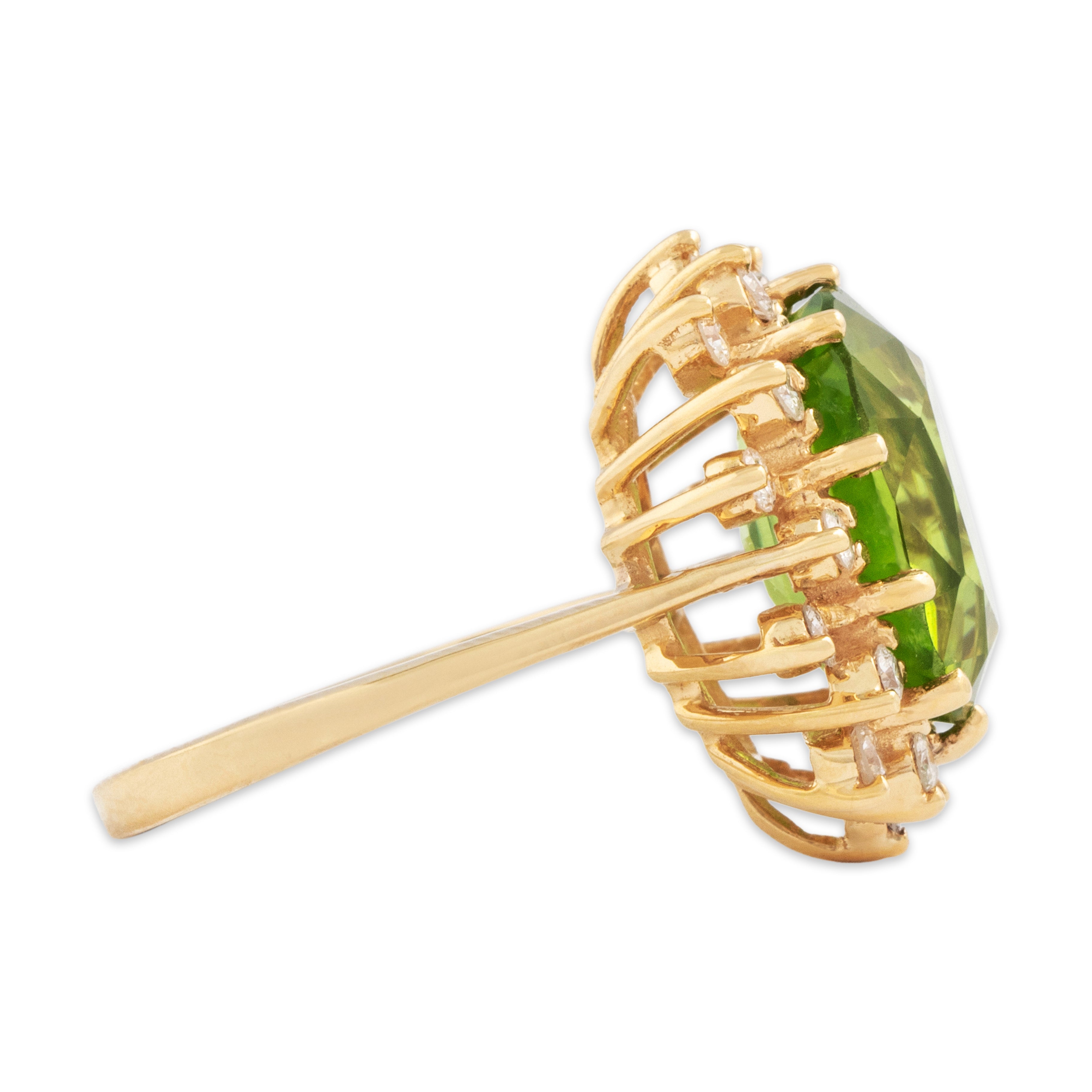 Vintage 14k Yellow Gold 6.7ct Peridot .53cttw Diamond Halo Cocktail Ring - Side view