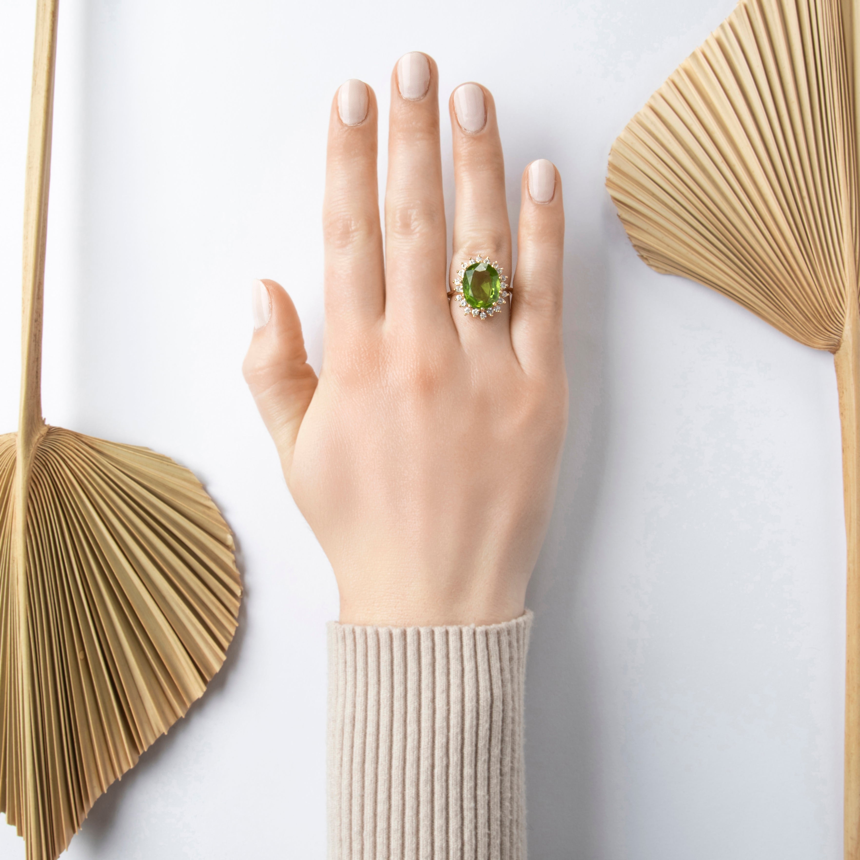 Vintage 14k Yellow Gold 6.7ct Peridot .53cttw Diamond Halo Cocktail Ring - On model view