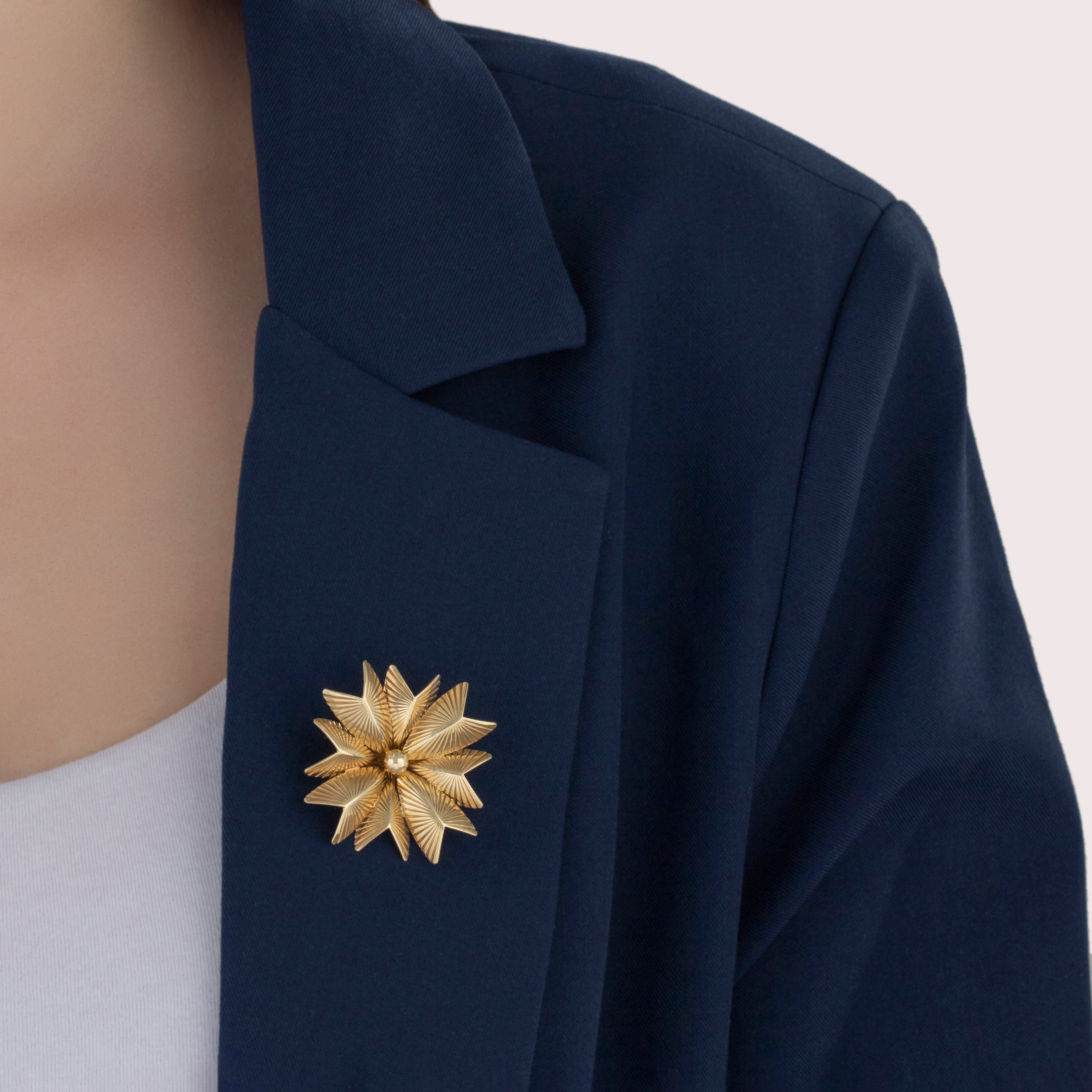 Vintage Tiffany & Co. German 14k Yellow Gold Geometric Pinwheel Brooch / Pin - On model view