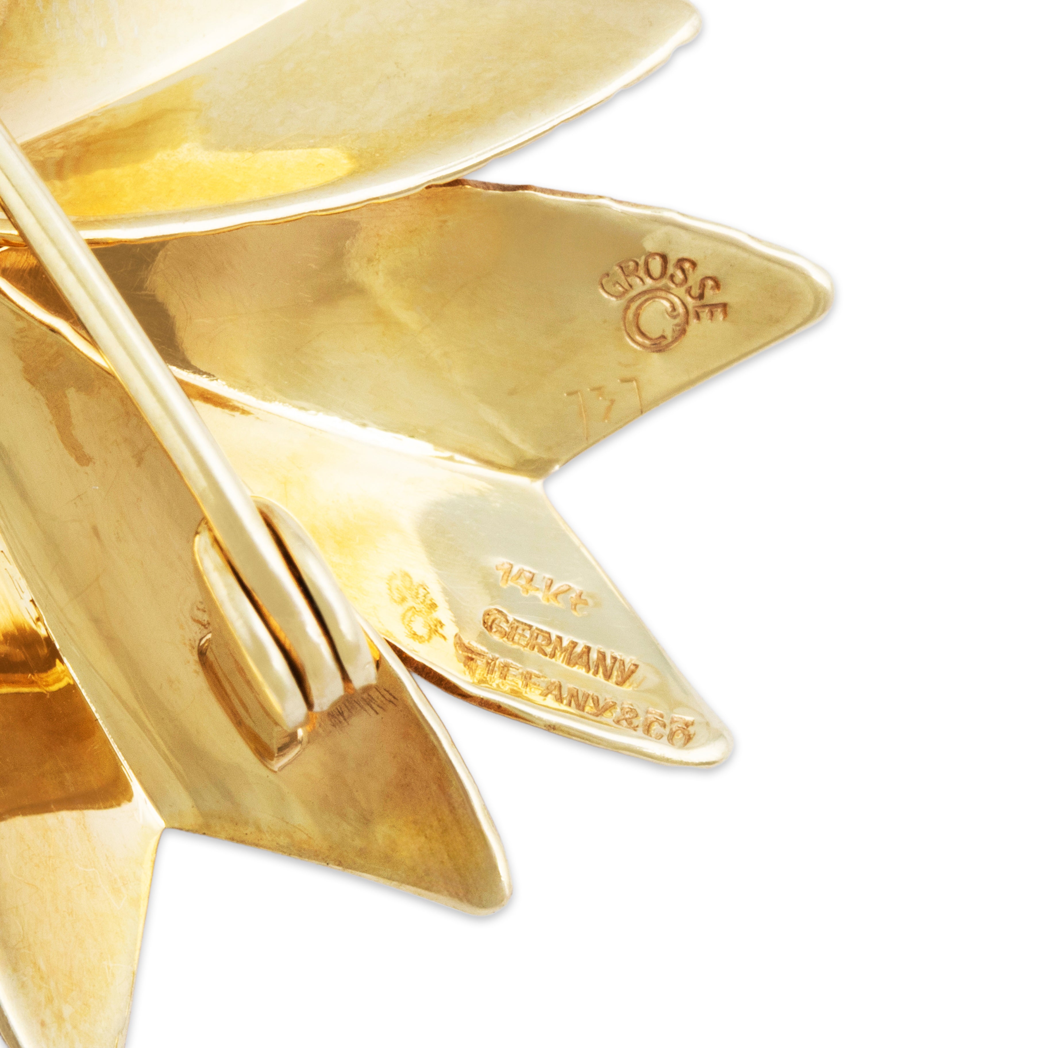 Vintage Tiffany & Co. German 14k Yellow Gold Geometric Pinwheel Brooch / Pin - Hallmark view