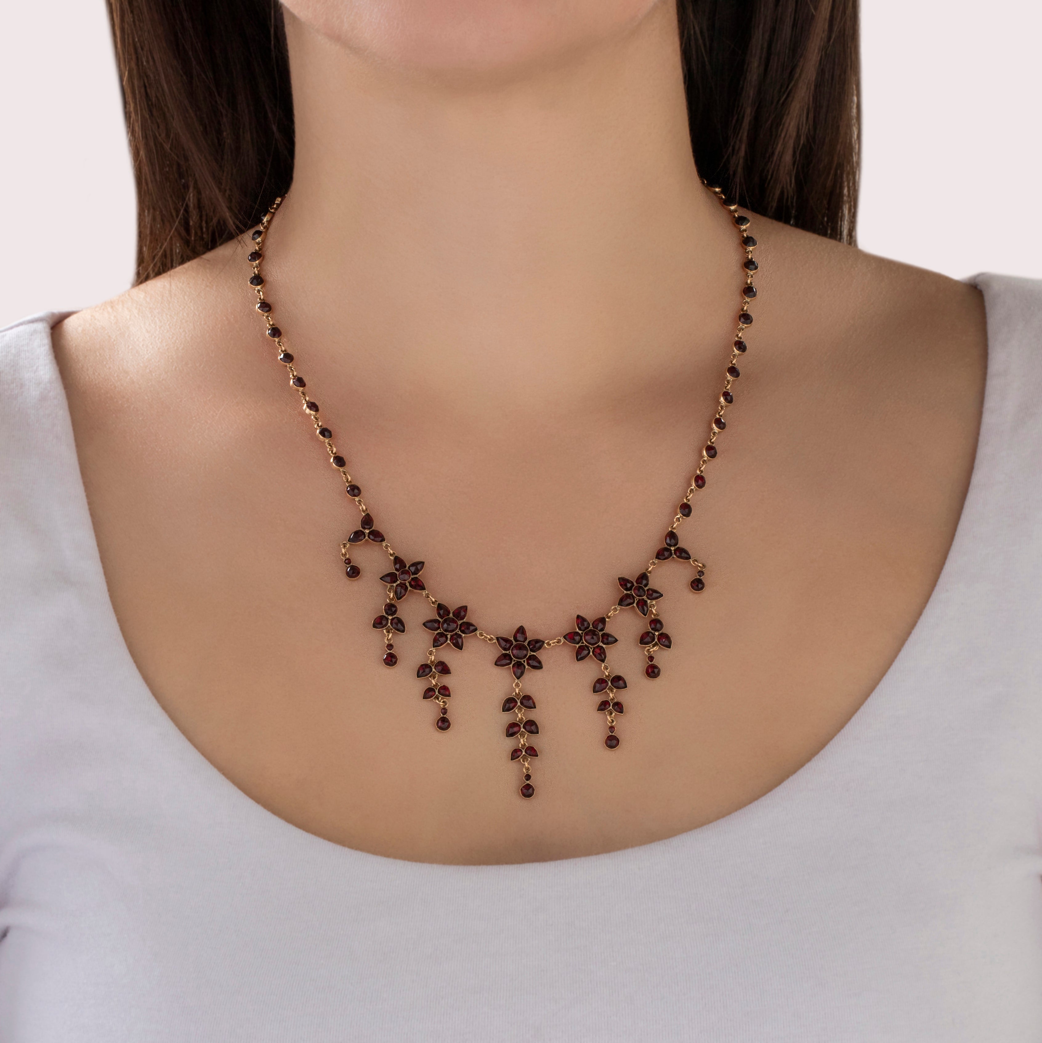 Antique Victorian 14k Rosy Yellow Gold 18.8cttw Garnet Dramatic Necklace - On model view