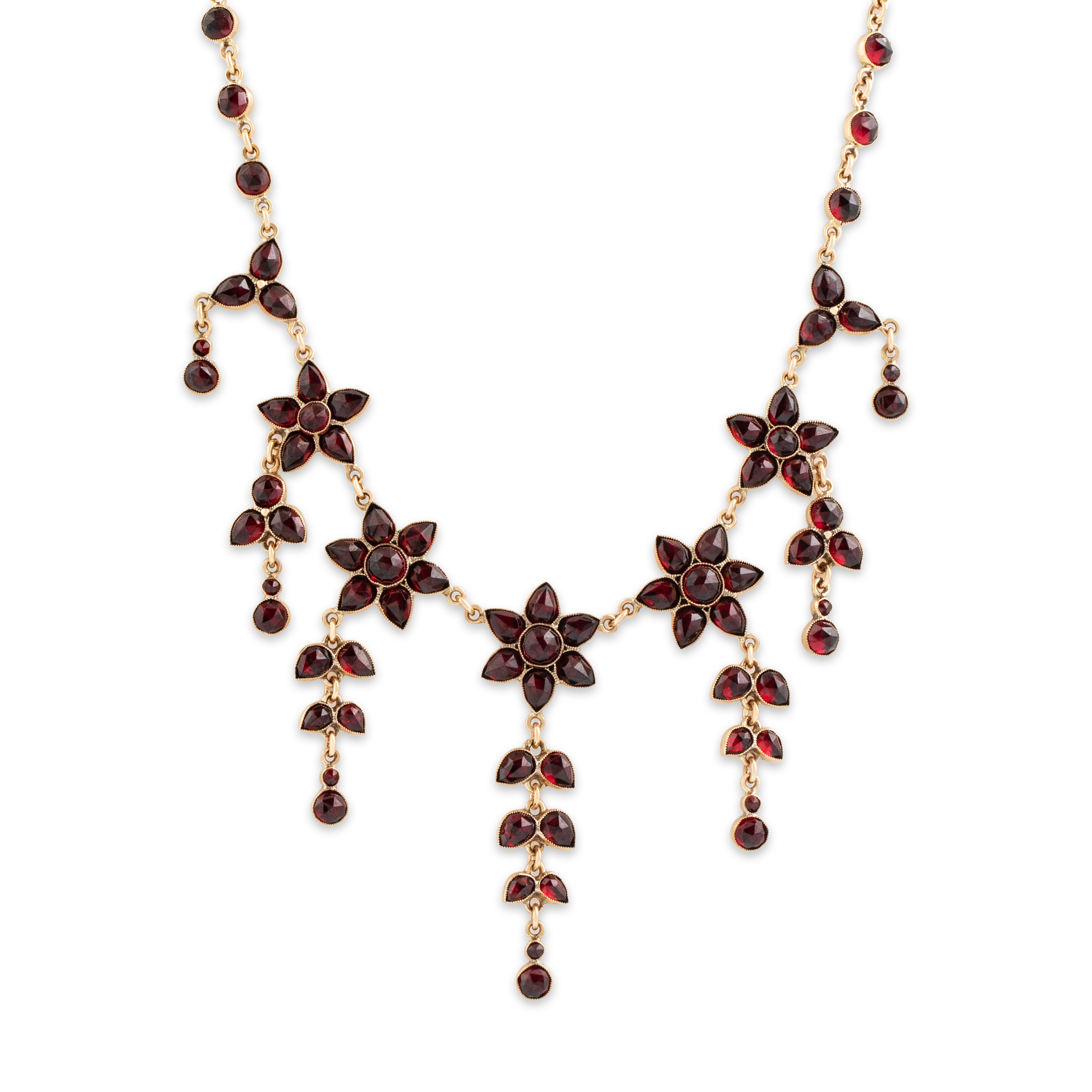 Antique Victorian 14k Rosy Yellow Gold 18.8cttw Garnet Dramatic Necklace - Close-up view