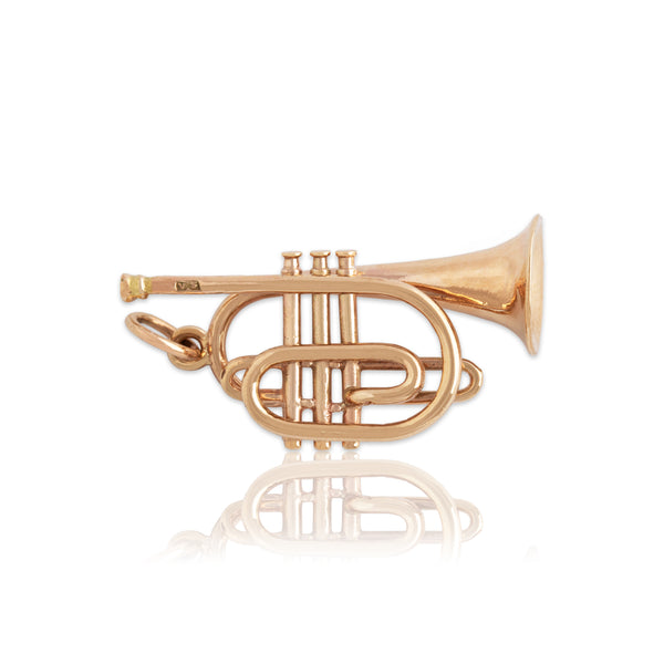 Vintage English 9k Rosy Yellow Gold Delightful Dimensional Trumpet Charm / Pendant