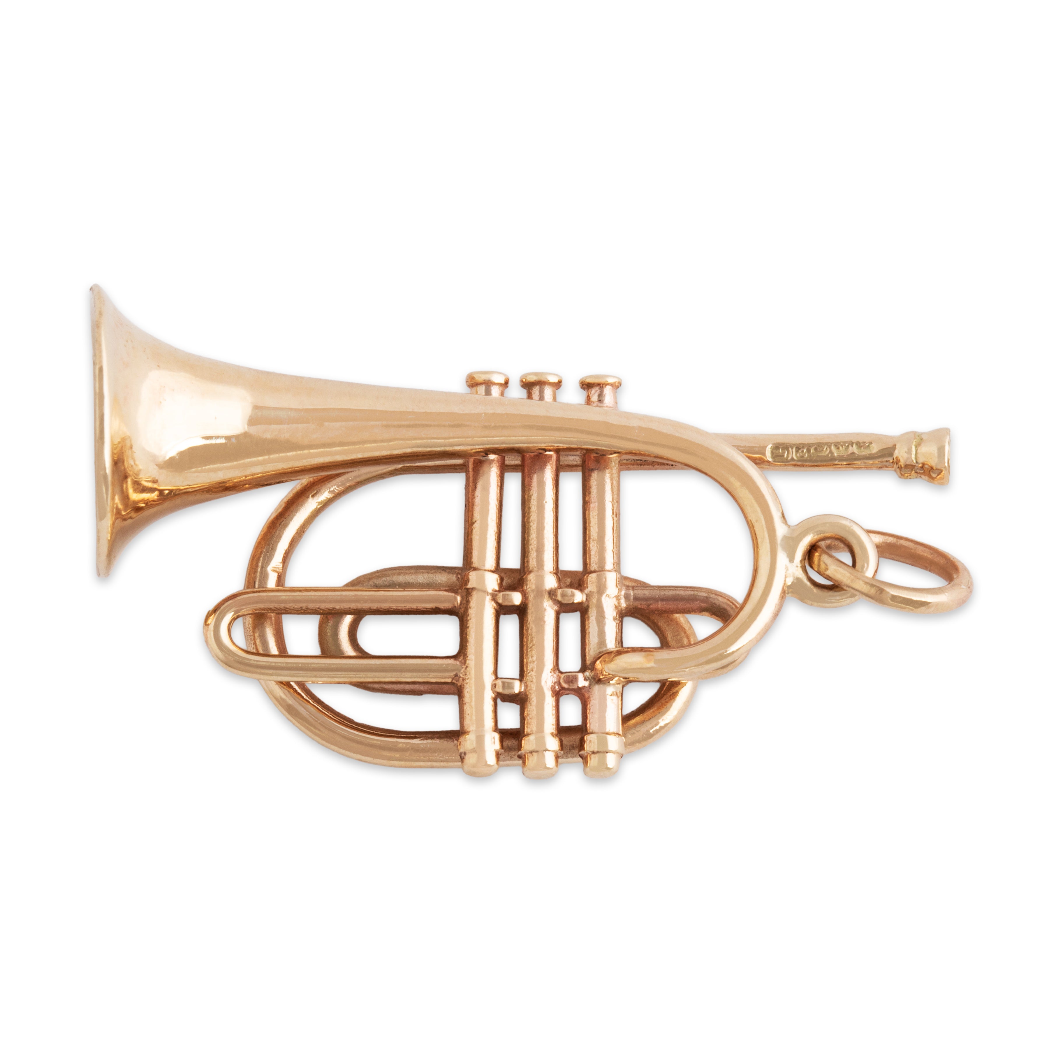 Vintage English 9k Rosy Yellow Gold Delightful Dimensional Trumpet Charm / Pendant - detail view #2