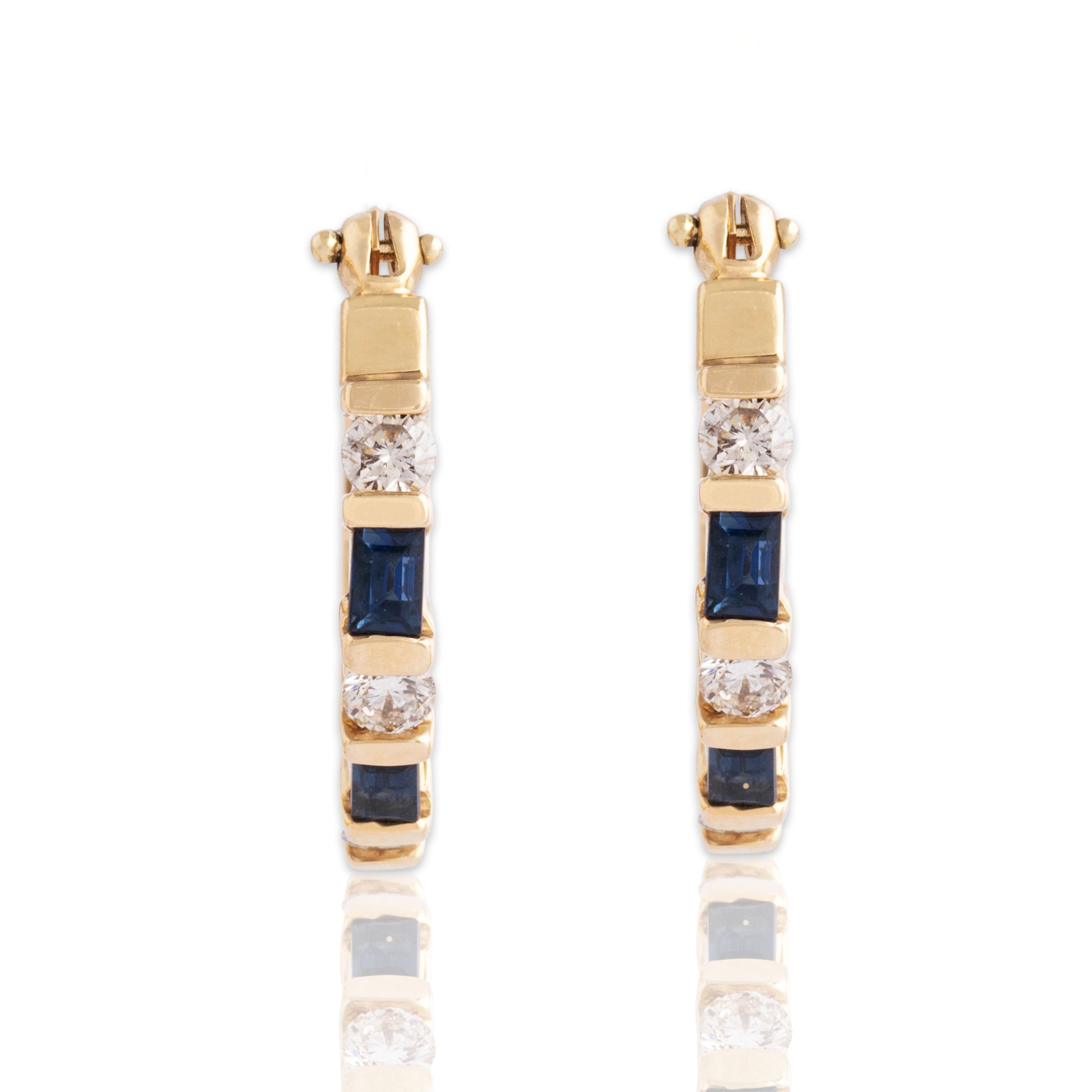 Vintage 14kYellow Gold .414cttw Diamond Sapphire Elegant Line Hoop Earrings - Close-up view
