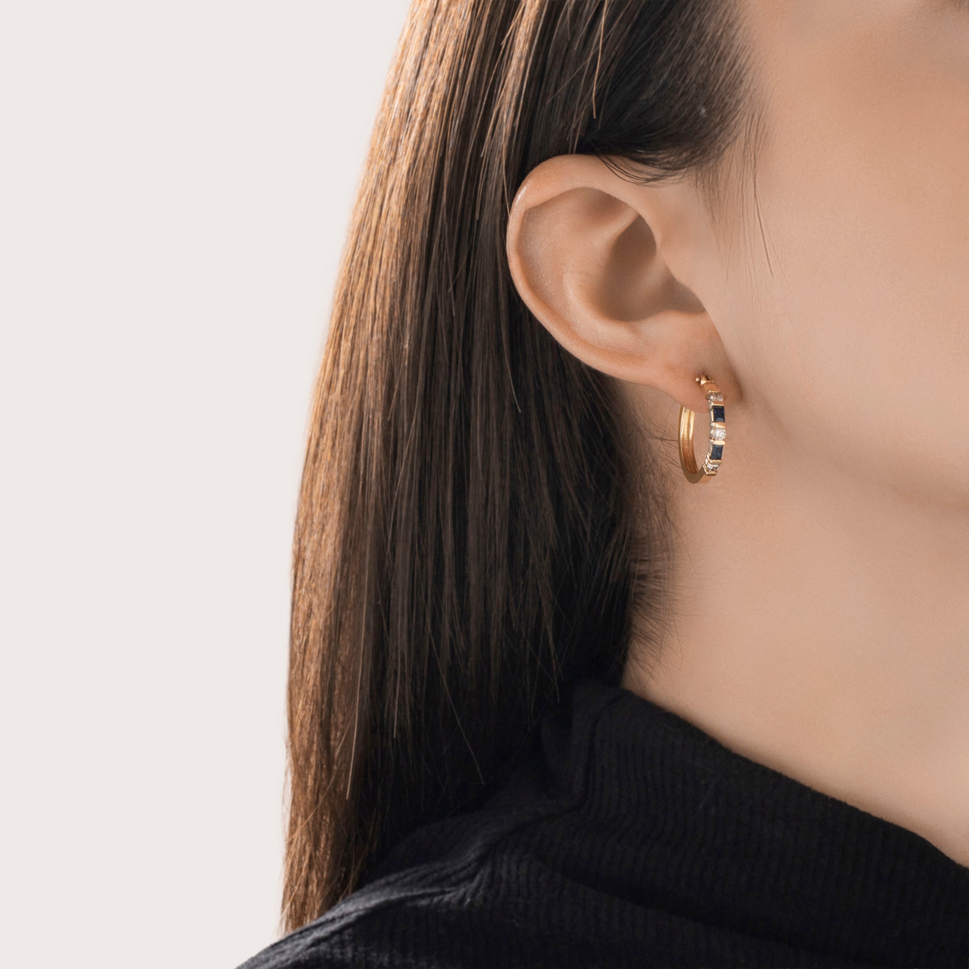 Vintage 14kYellow Gold .414cttw Diamond Sapphire Elegant Line Hoop Earrings - On model view