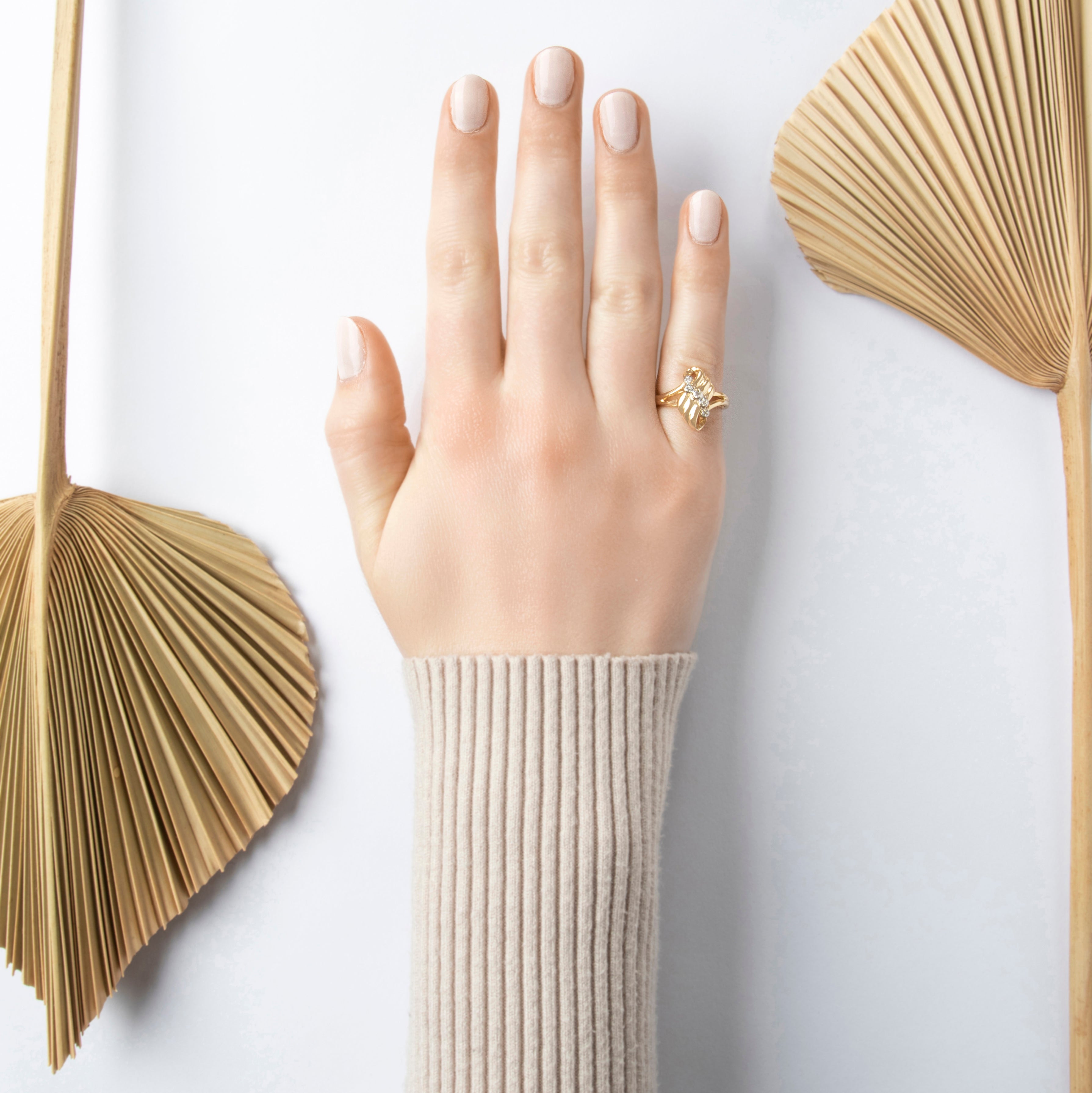 Vintage 14k Yellow Gold Diamond Flowing Ribbon Ring - On model view