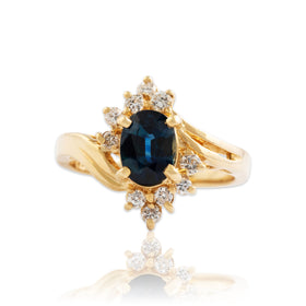 Vintage 14k Yellow Gold 1.24ct Blue Sapphire Diamond Half-Halo Ring 6.50