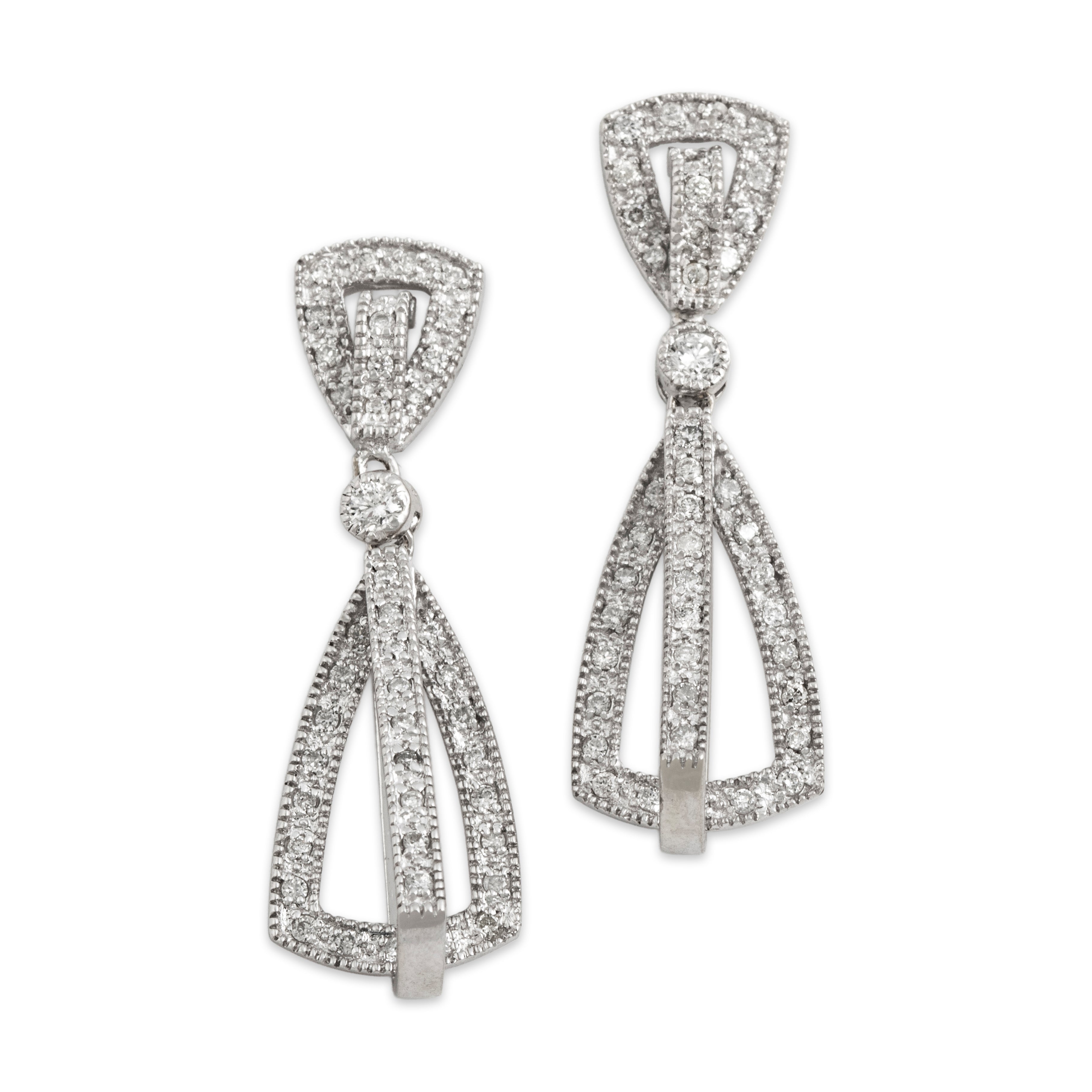 Estate 14k White Gold .237cttw Diamond Geometric Pavé Set Dangle Earrings - Close-up view