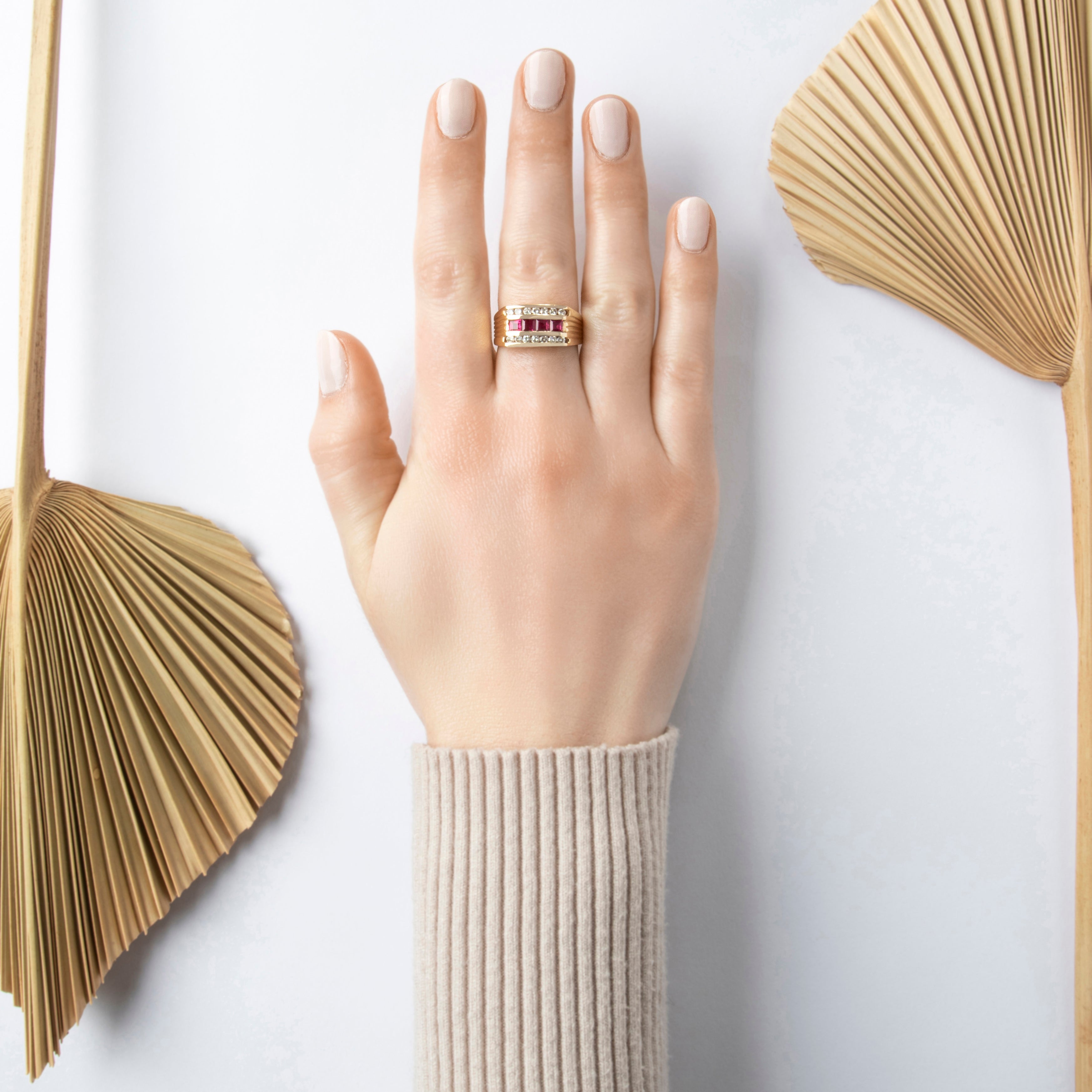 Heavy Vintage 14k Gold Ruby .35cttw Diamond Triple Line Channel Set Band Ring - On model view