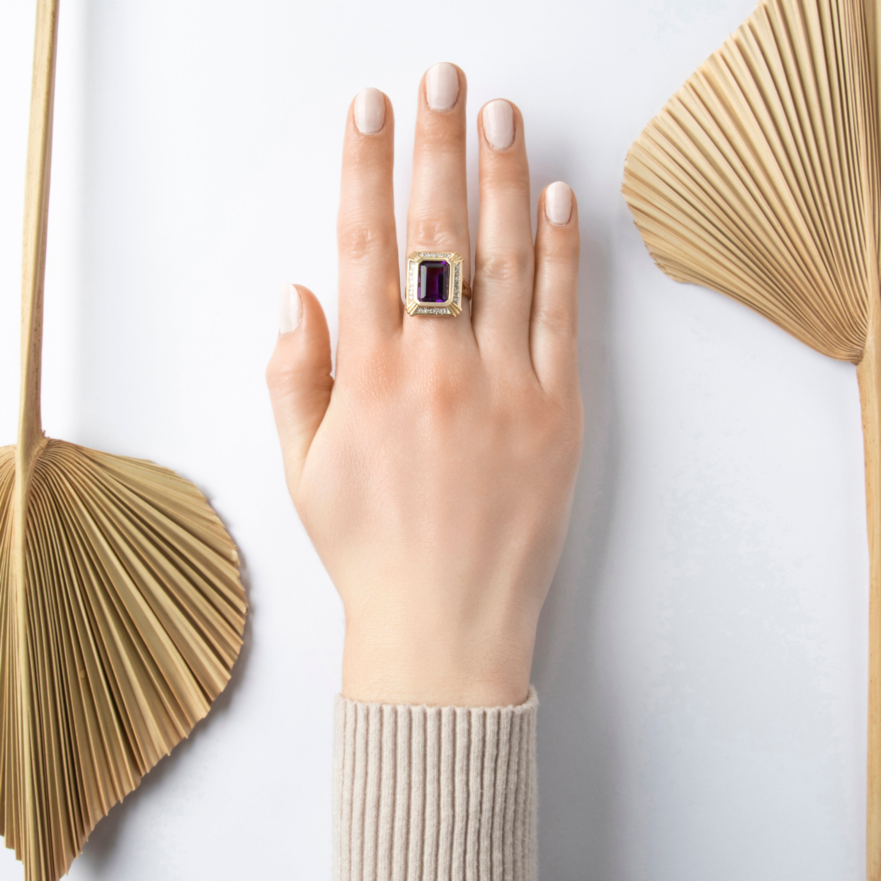Vintage 14k Yellow Gold 5ct Amethyst Diamond Bold Framed Halo Cocktail Ring - On model view