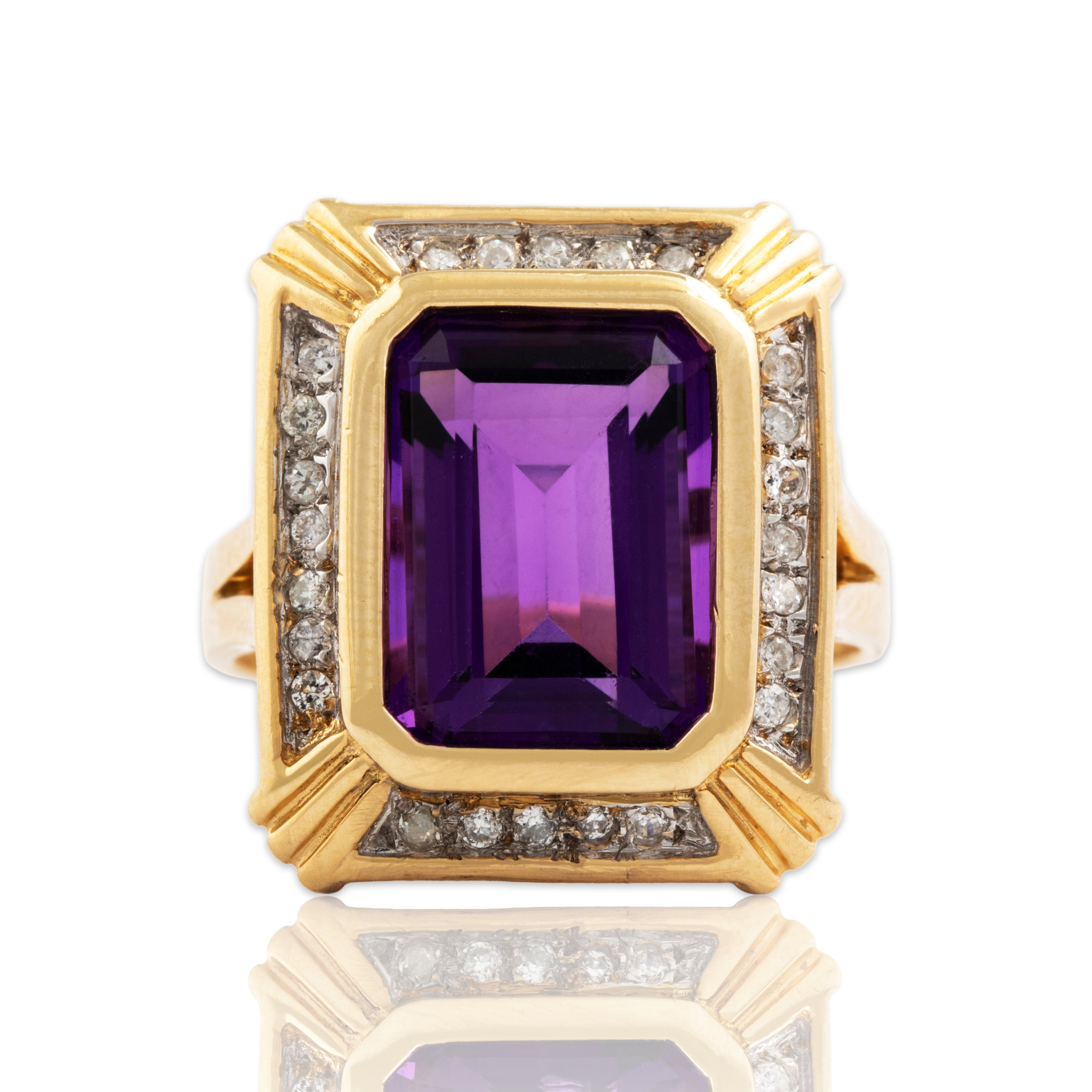 Vintage 14k Yellow Gold 5ct Amethyst Diamond Bold Framed Halo Cocktail Ring - Close-up view