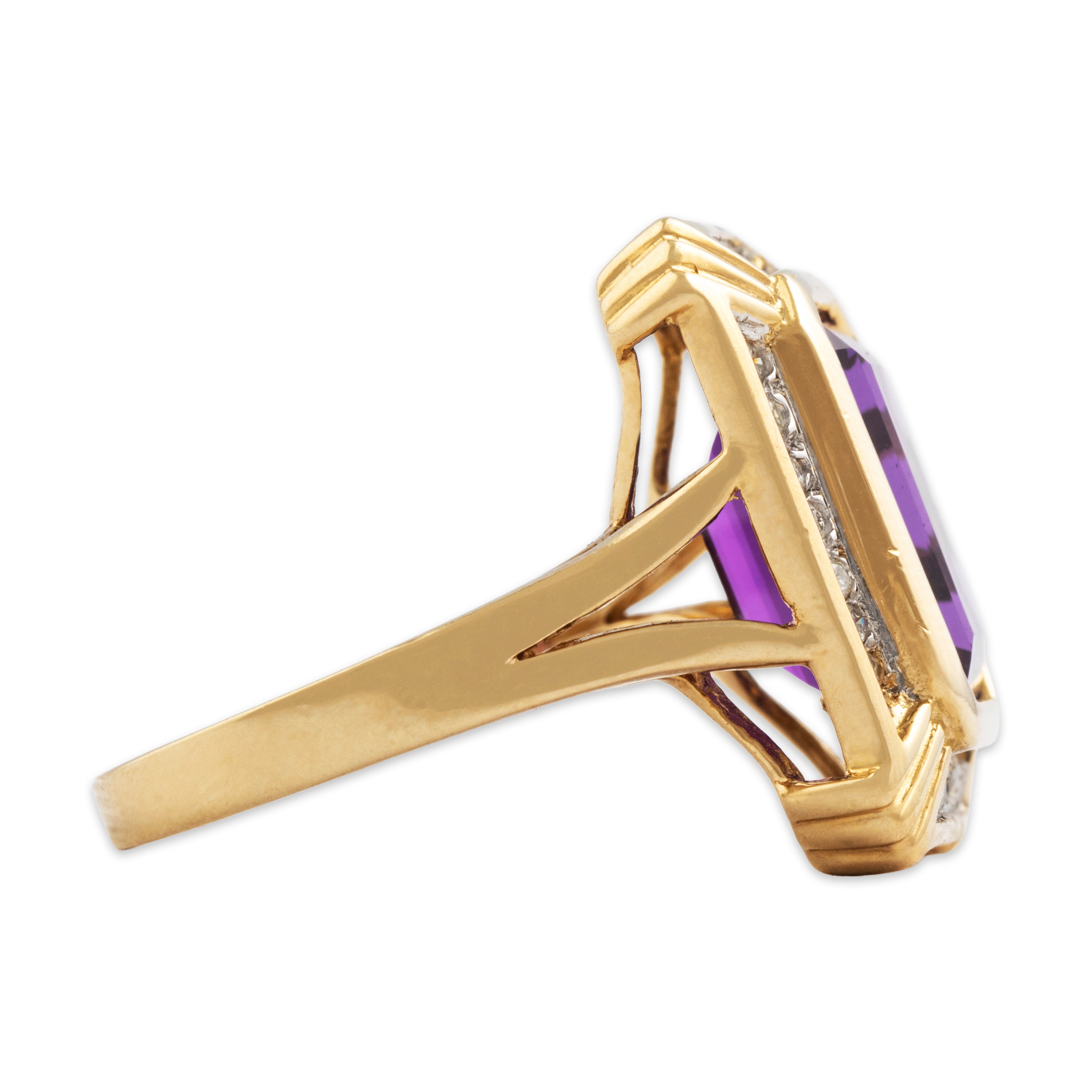 Vintage 14k Yellow Gold 5ct Amethyst Diamond Bold Framed Halo Cocktail Ring - Side view