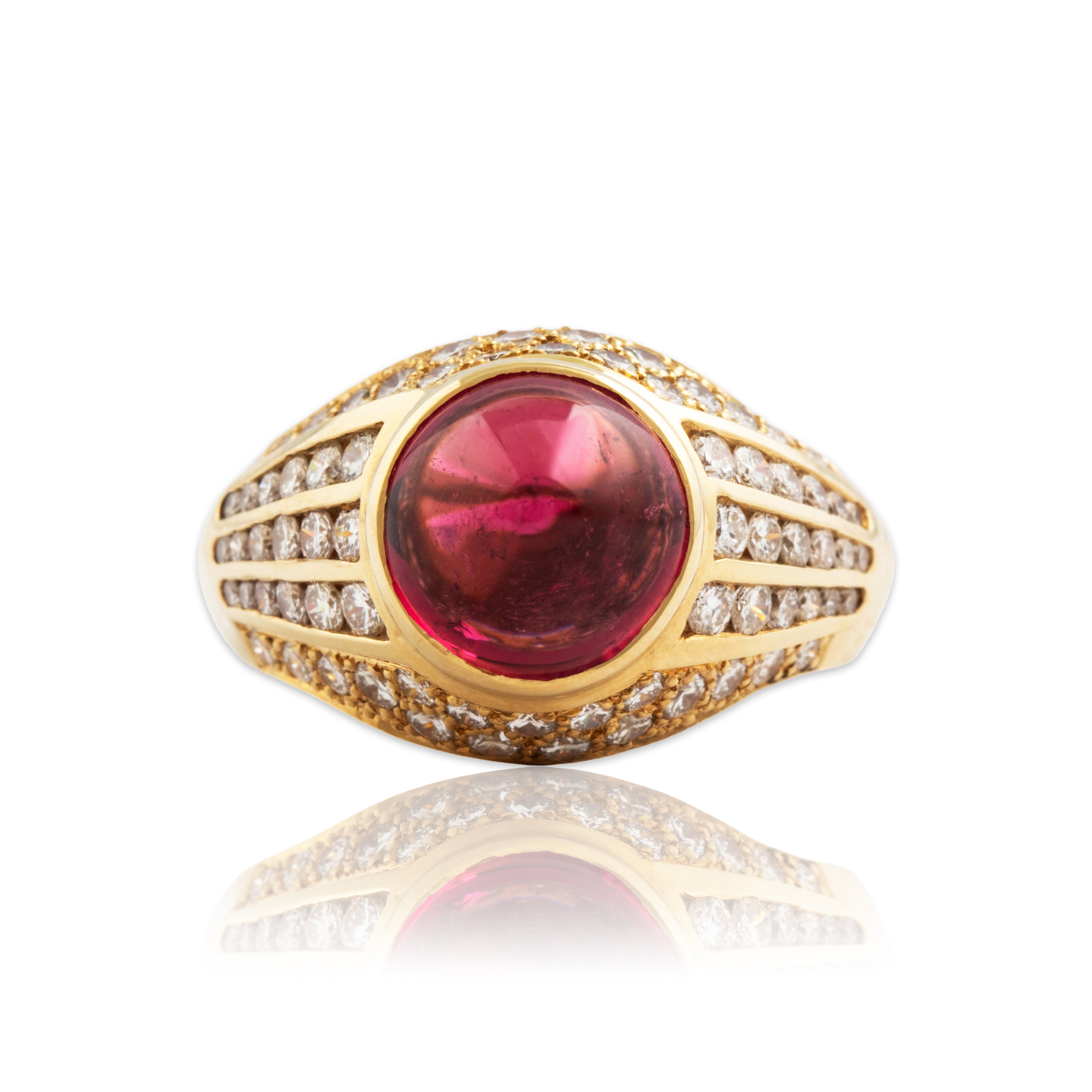 Vintage 14k Yellow Gold 4.7ct Pink Tourmaline .842cttw Diamond Dome Ring - Close-up view