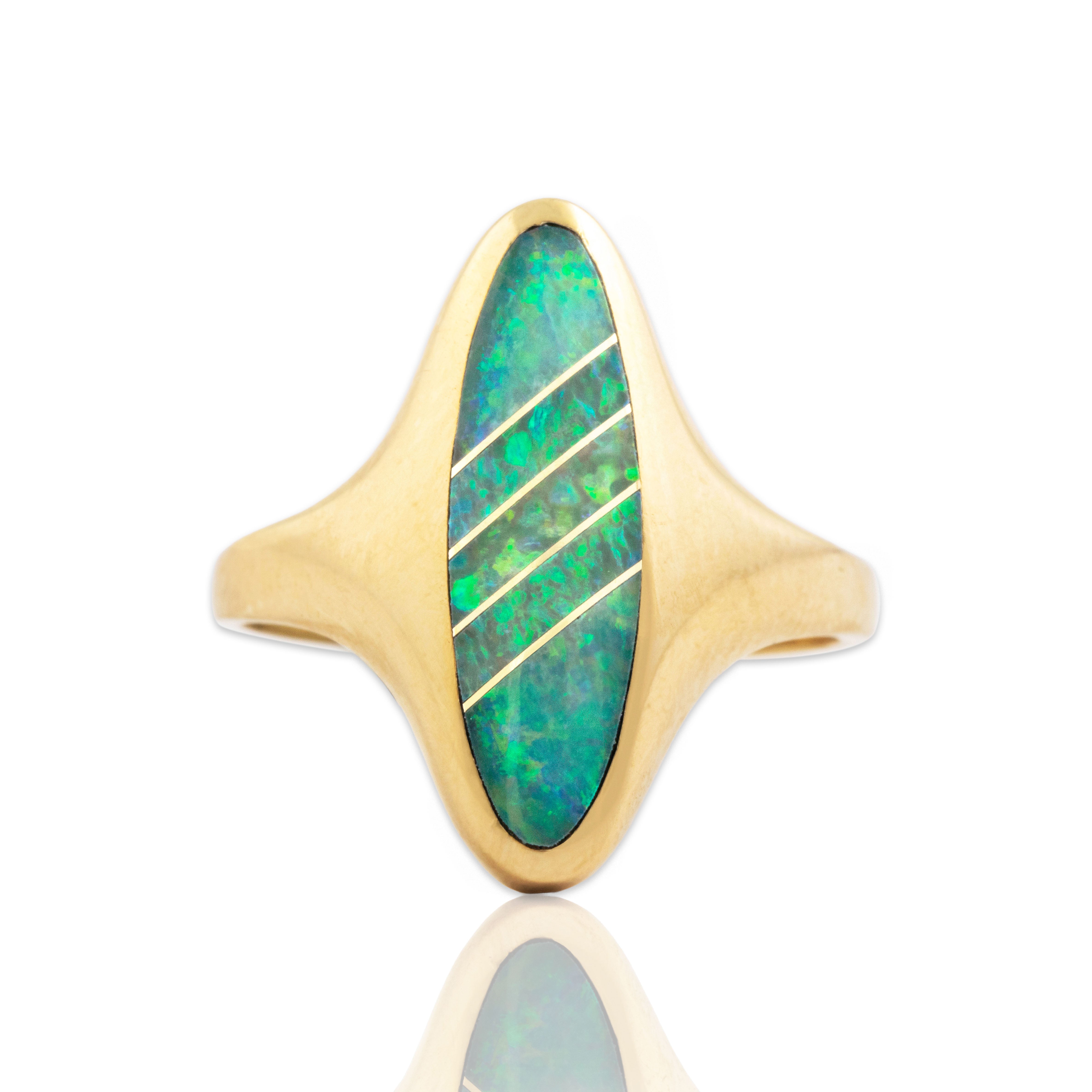 Vintage 14k Yellow Gold Blue Opal Bright Geometric Oval Inlay Ring 6.00