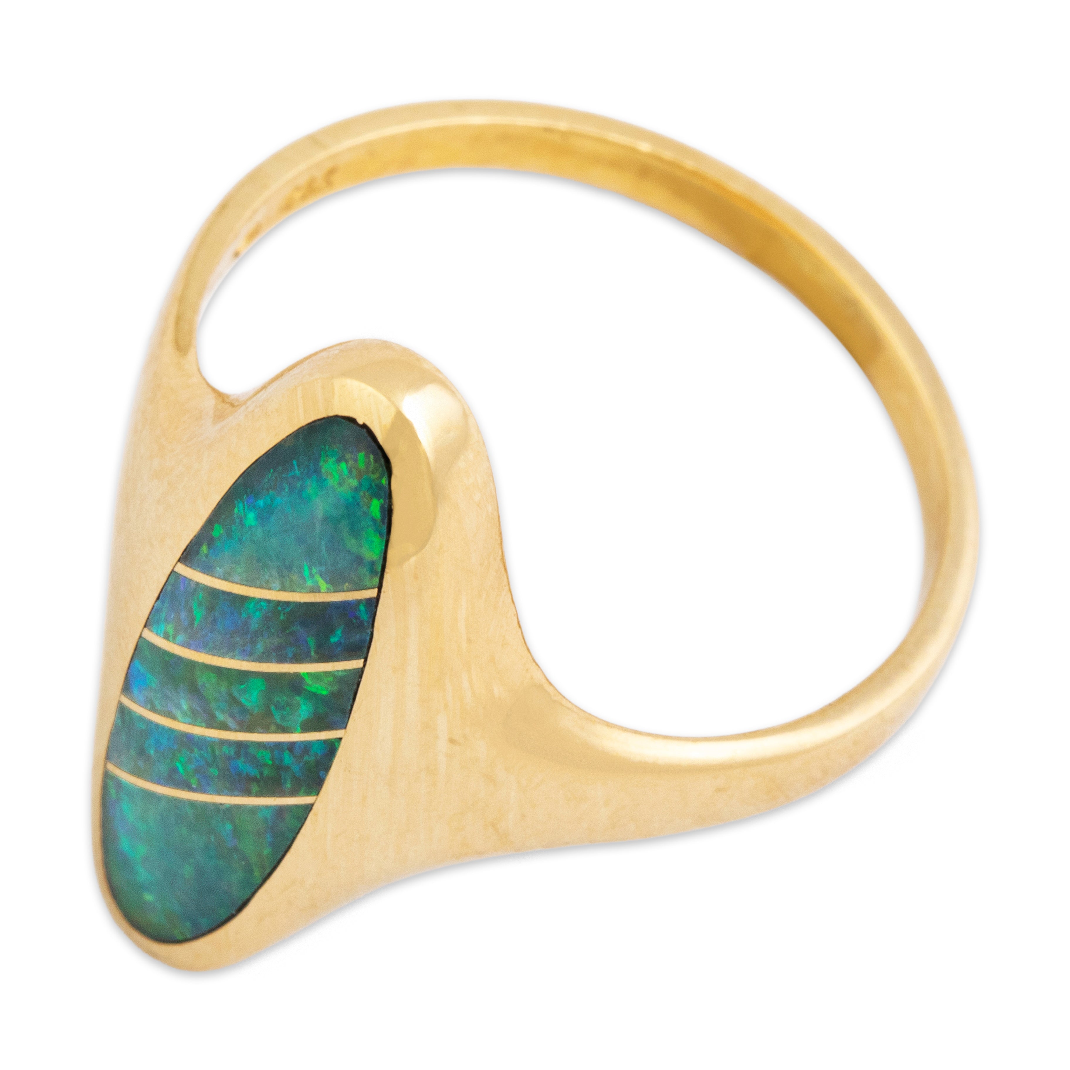 Vintage 14k Yellow Gold Blue Opal Bright Geometric Oval Inlay Ring 6.00