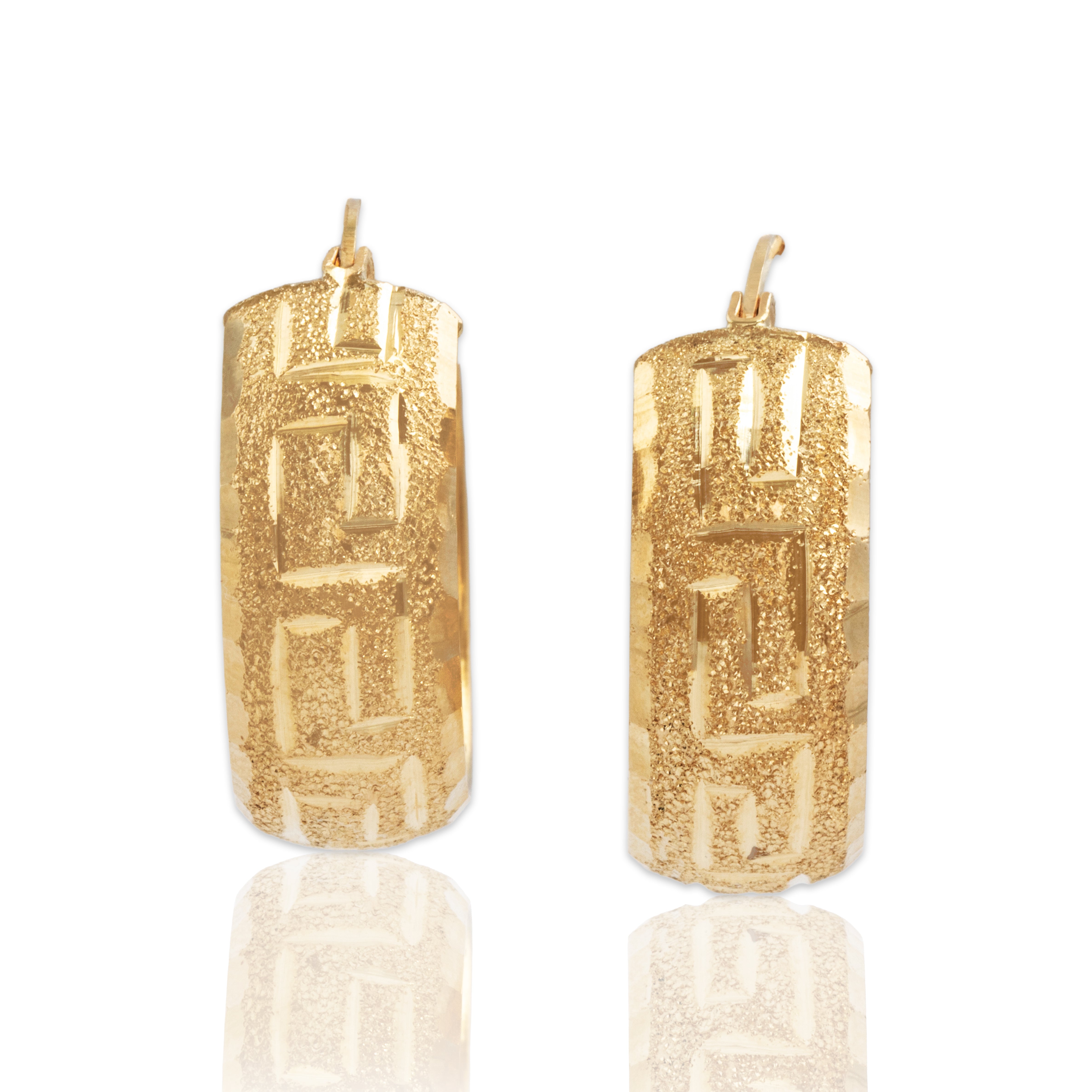 Vintage 14k Yellow Gold Sparkling Greek Key Motif Hoop Earrings - Close-up view