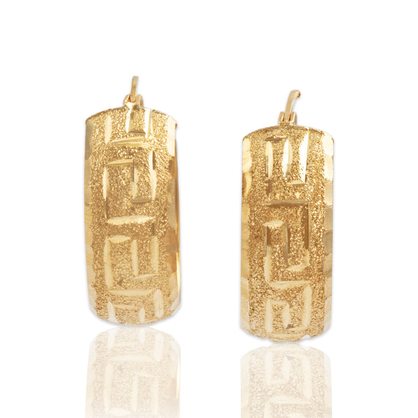 Vintage 14k Yellow Gold Sparkling Greek Key Motif Hoop Earrings