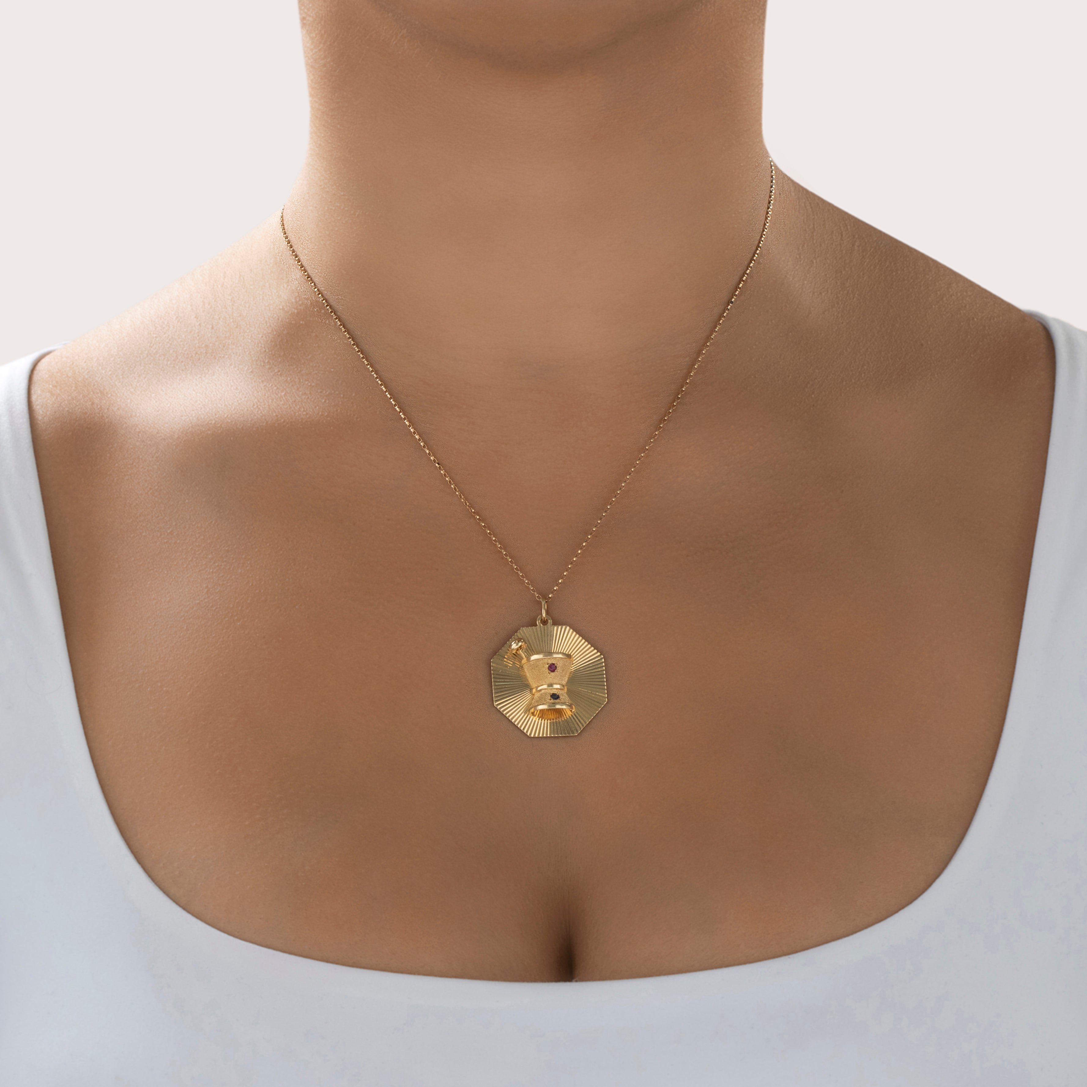 Vintage 14K Yellow Gold .04ct Blue Sapphire Textured Mortar & Pestle Charm Pendant - On model view