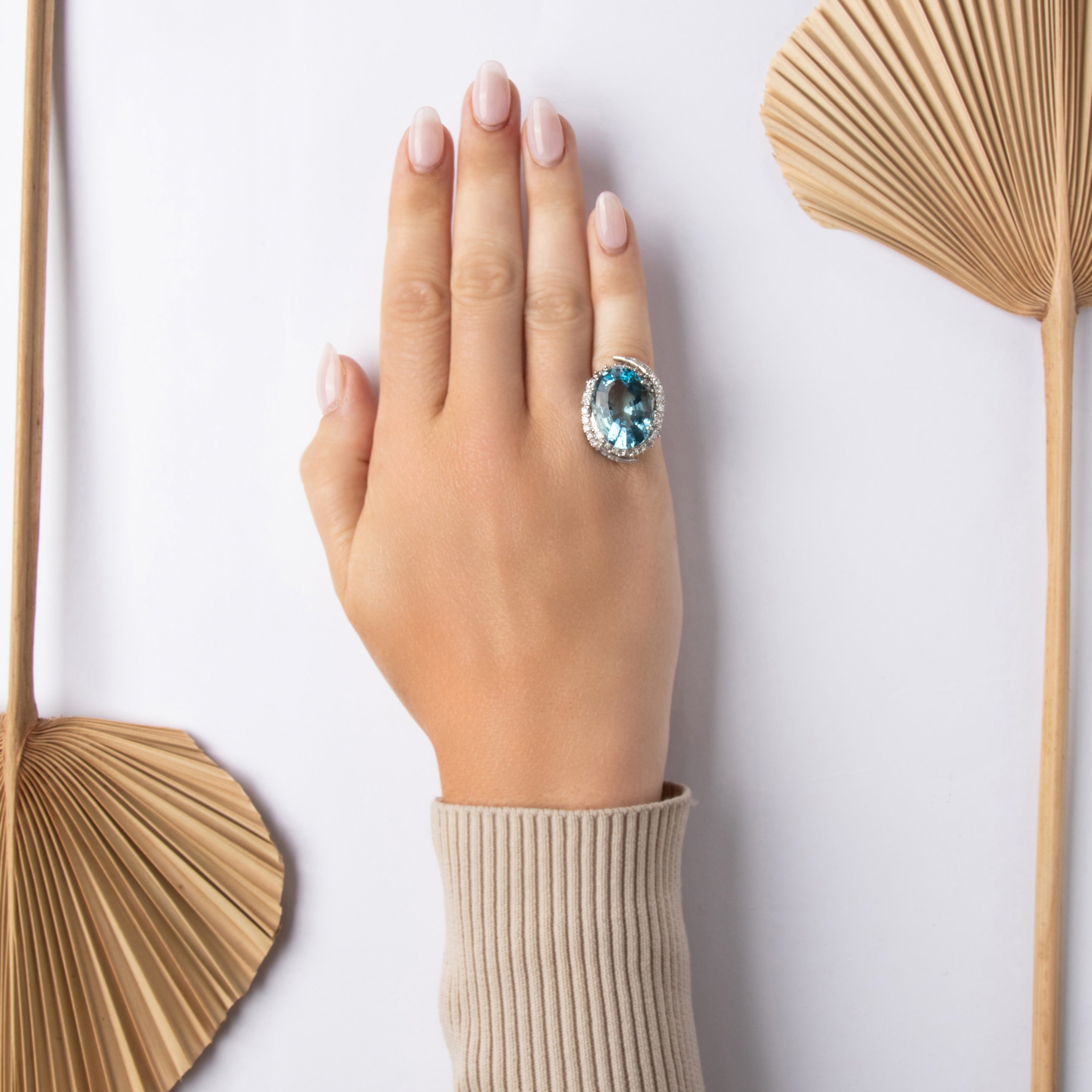 Vintage Large Platinum 16.09ct Aquamarine 1.33cttw Diamond Spectacular Swooping Halo Cocktail Ring - On model view