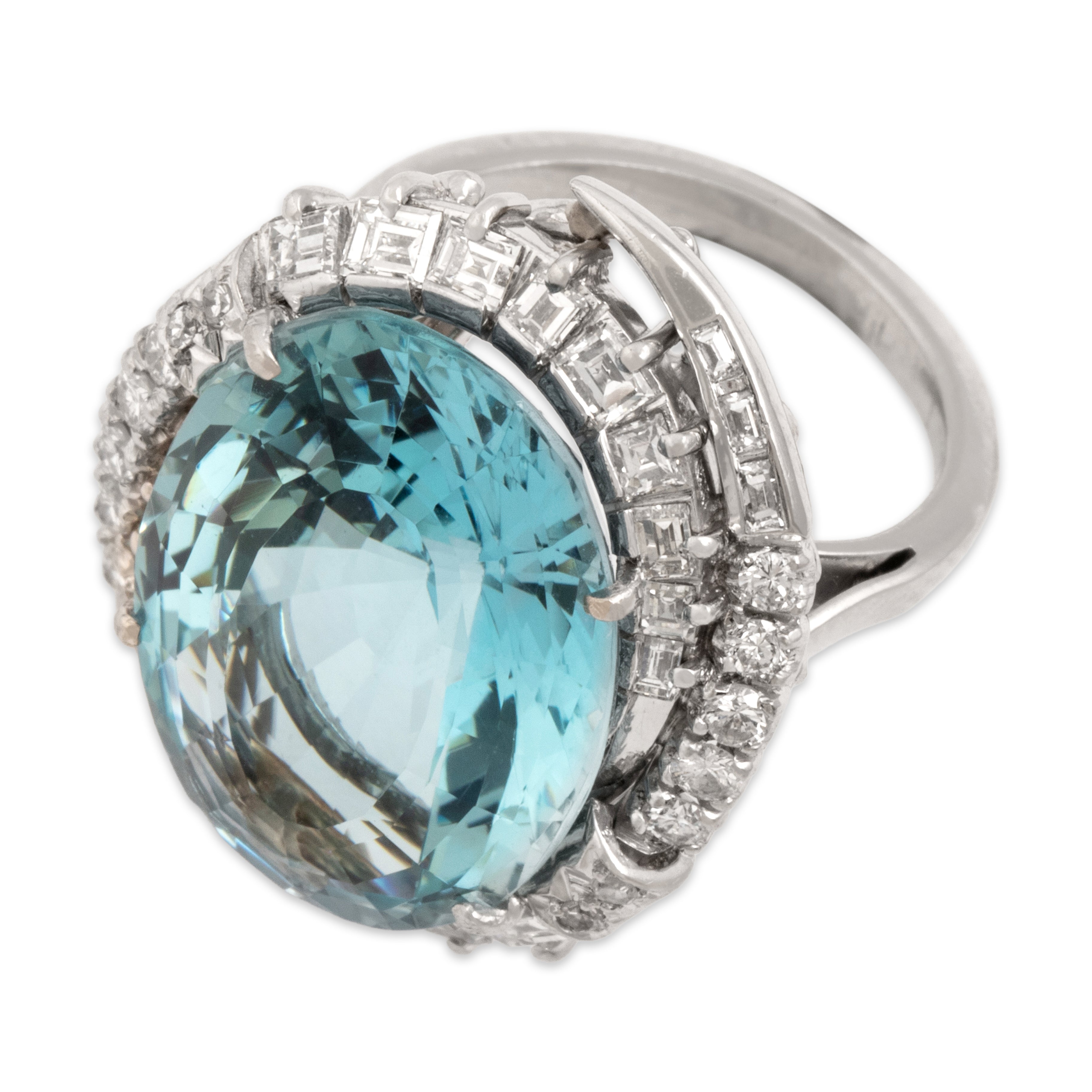 Vintage Large Platinum 16.09ct Aquamarine 1.33cttw Diamond Spectacular Swooping Halo Cocktail Ring - Overall view