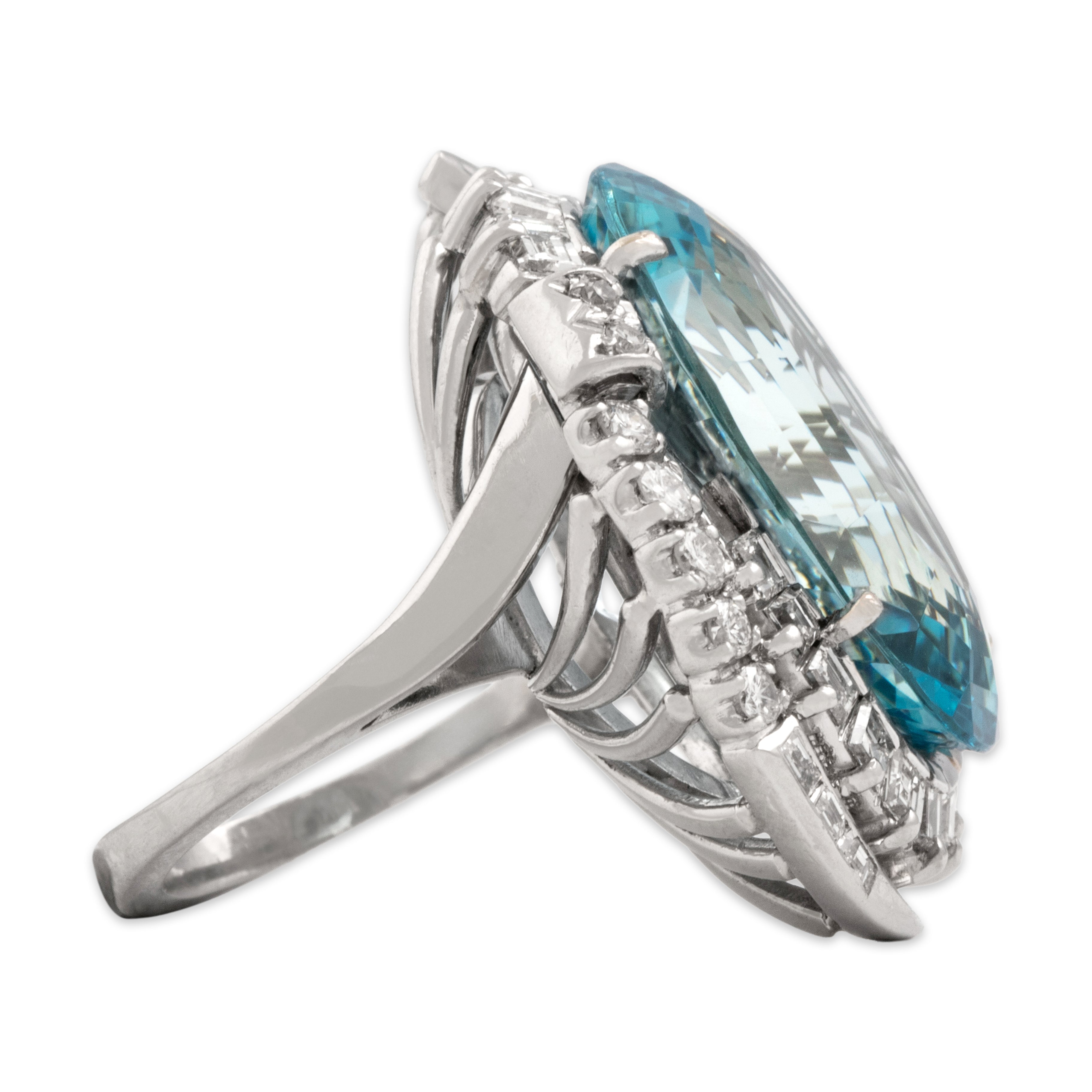 Vintage Large Platinum 16.09ct Aquamarine 1.33cttw Diamond Spectacular Swooping Halo Cocktail Ring - Side view