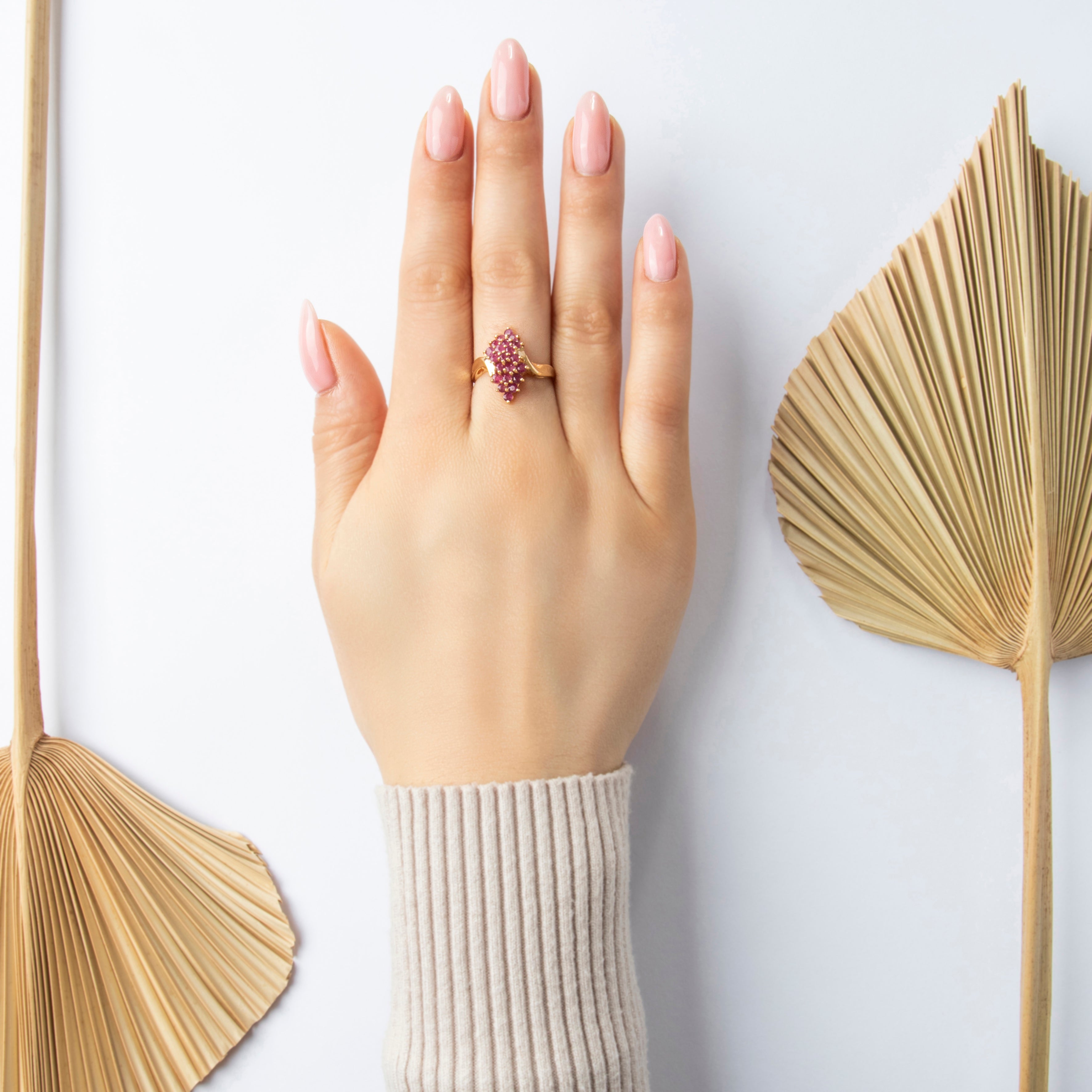 Vintage 14K Yellow Gold 1.16cttw Bright Ruby Bypass Cluster Ring - On model view