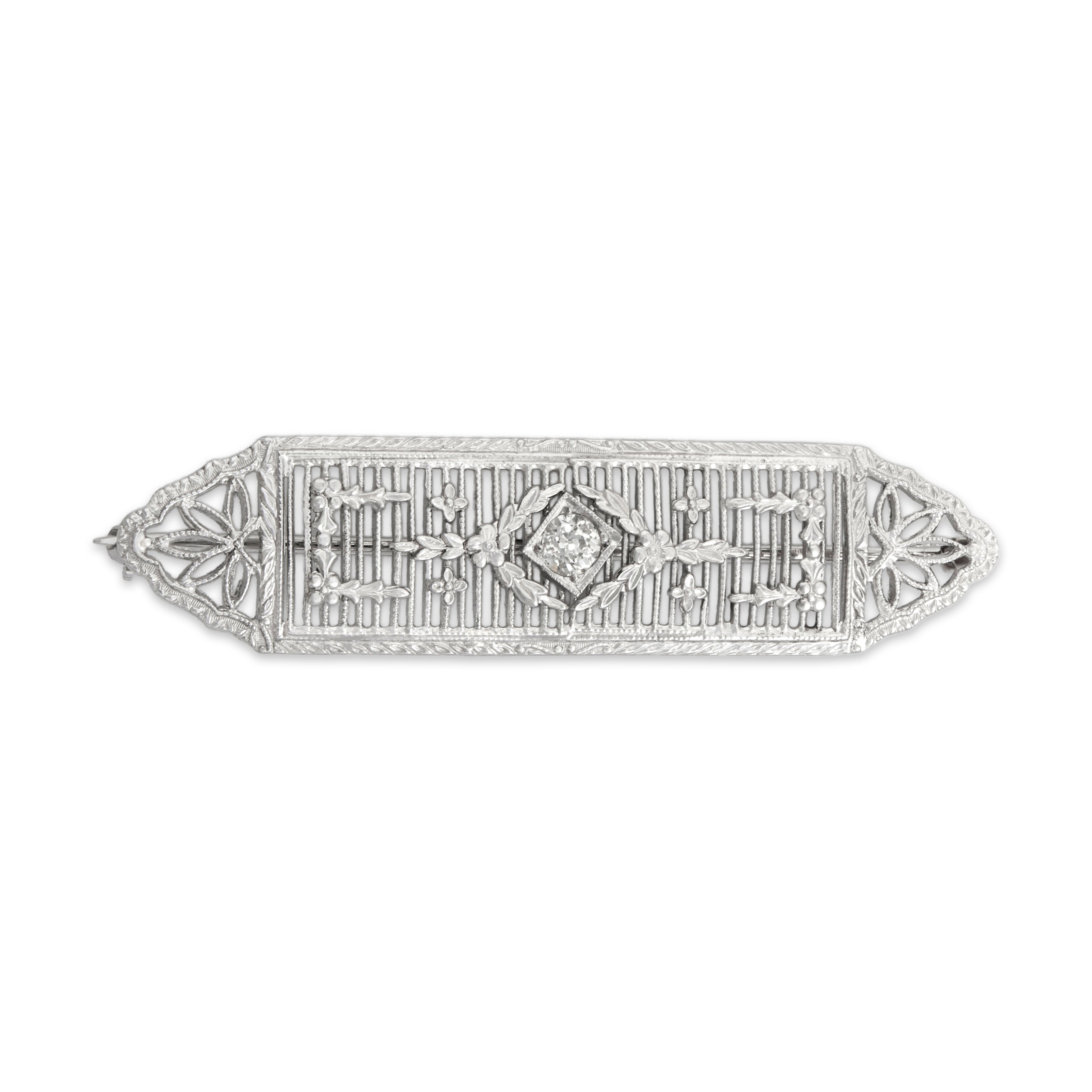 Antique Art Deco 14k White Gold Old Mine Cut Diamond Blossom Openwork Bar Brooch / Pin - Close-up view