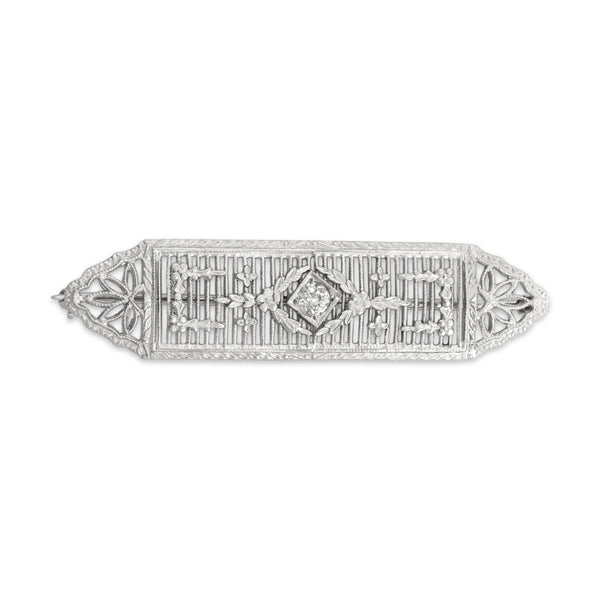 Antique Art Deco 14k White Gold Old Mine Cut Diamond Openwork Bar Brooch / Pin