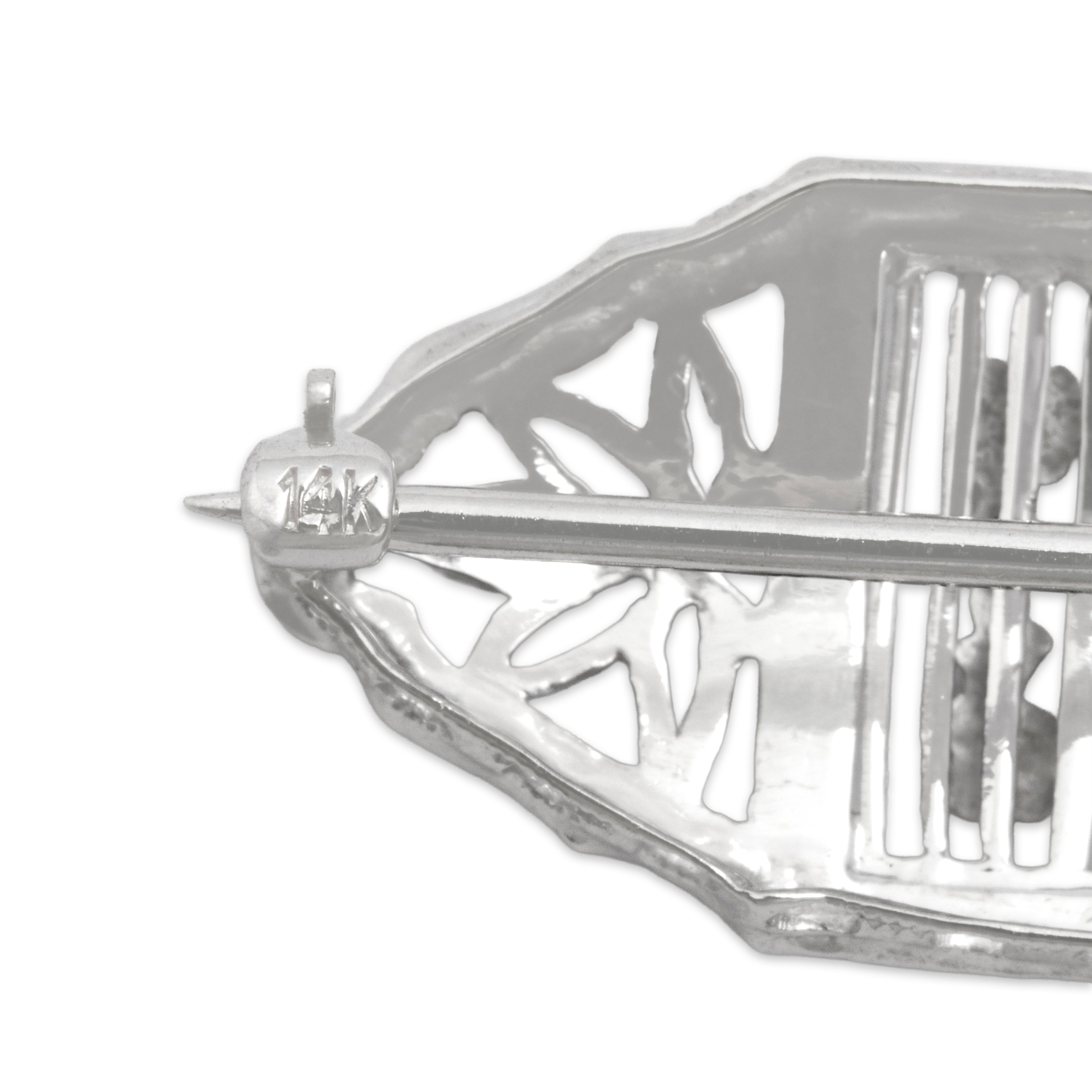Antique Art Deco 14k White Gold Old Mine Cut Diamond Blossom Openwork Bar Brooch / Pin - Hallmark view