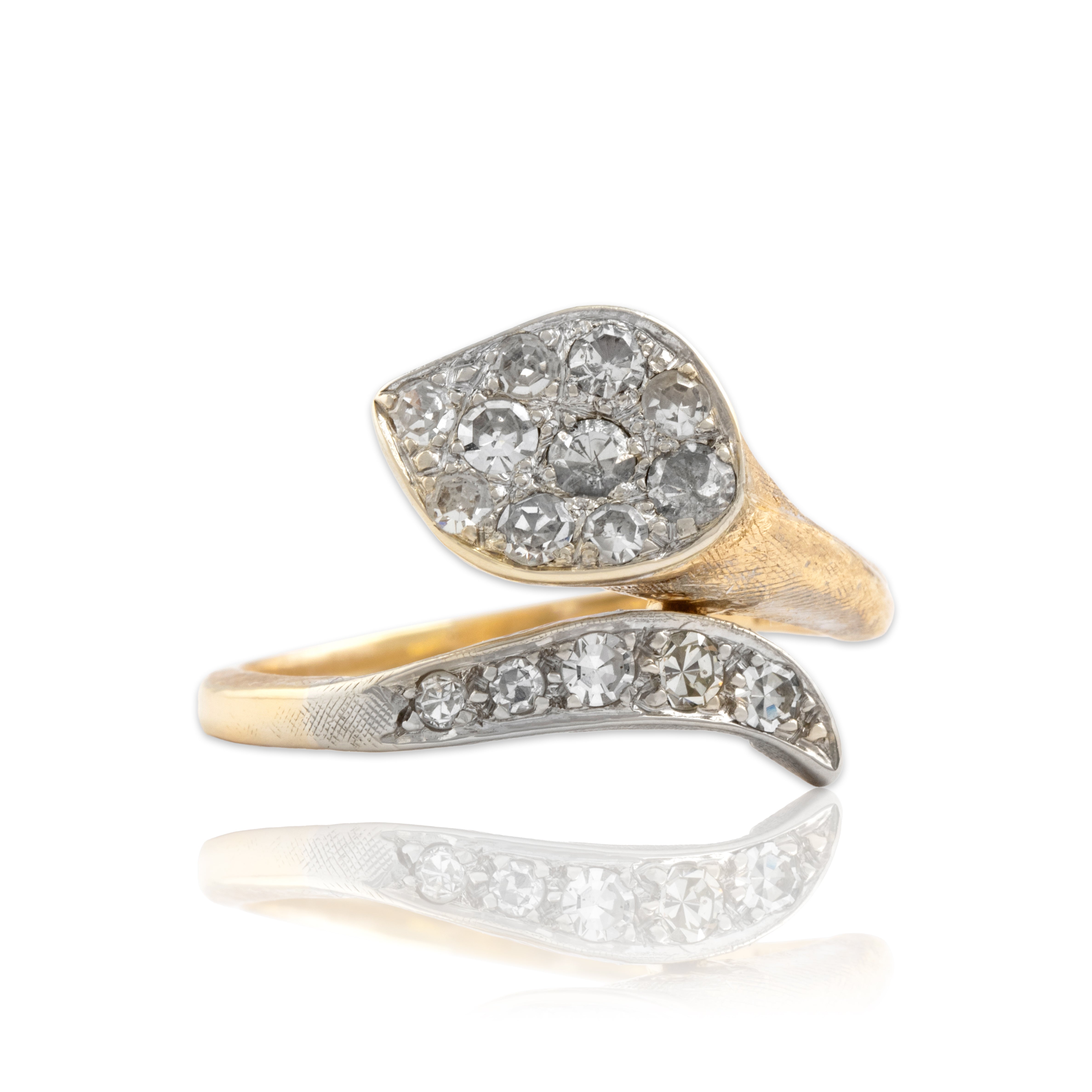 Vintage 14k Yellow & White Gold .59cttw Diamond Beautiful Wrapping Calla Lily Ring - Close-up view