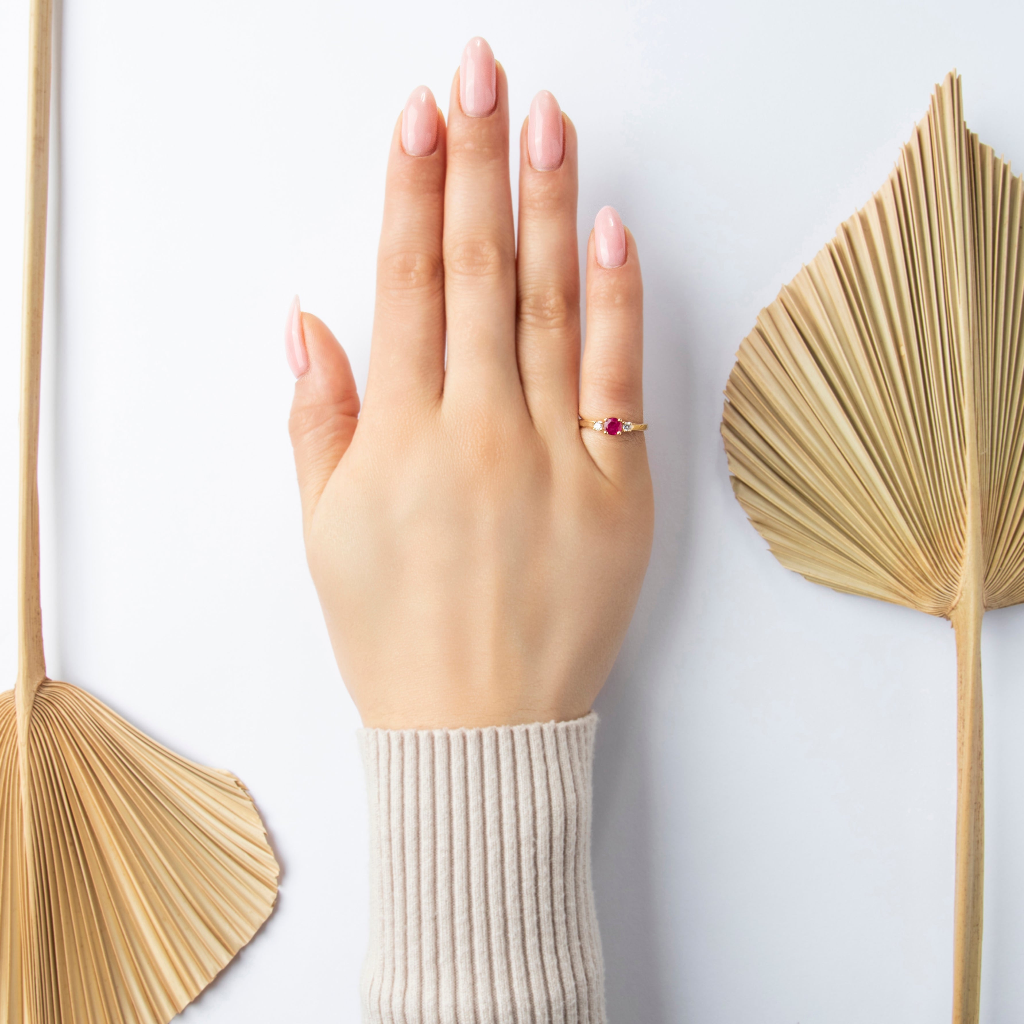 Vintage 14K Yellow Gold .4ct Ruby Classic Trio Ring - On model view