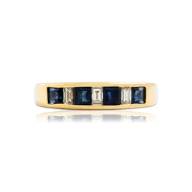 Vintage 18k Yellow Gold .6cttw Blue Sapphire Diamond Rectangular Band Ring 6.50