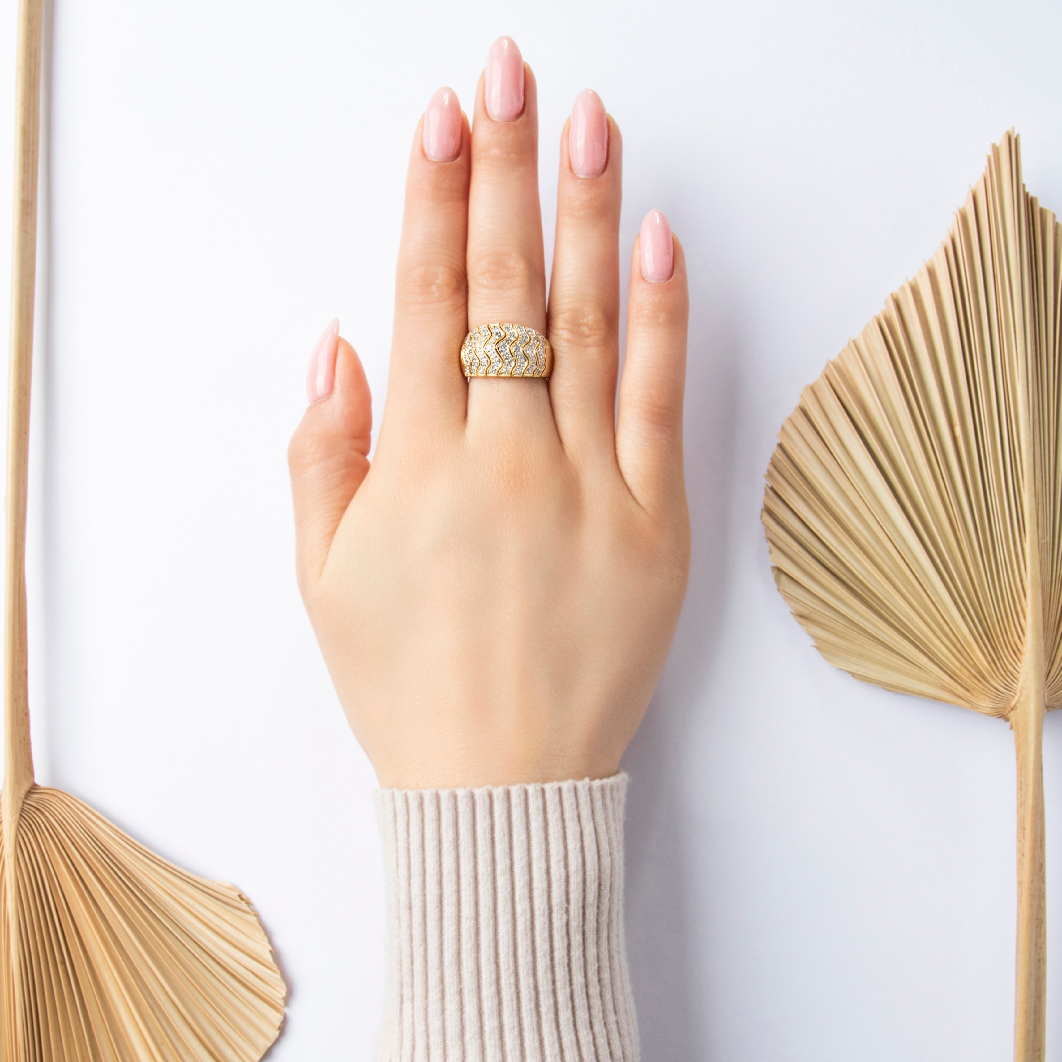 Vintage 14K Yellow Gold .3cttw Diamond Wide Wavy Line Ring - On model view