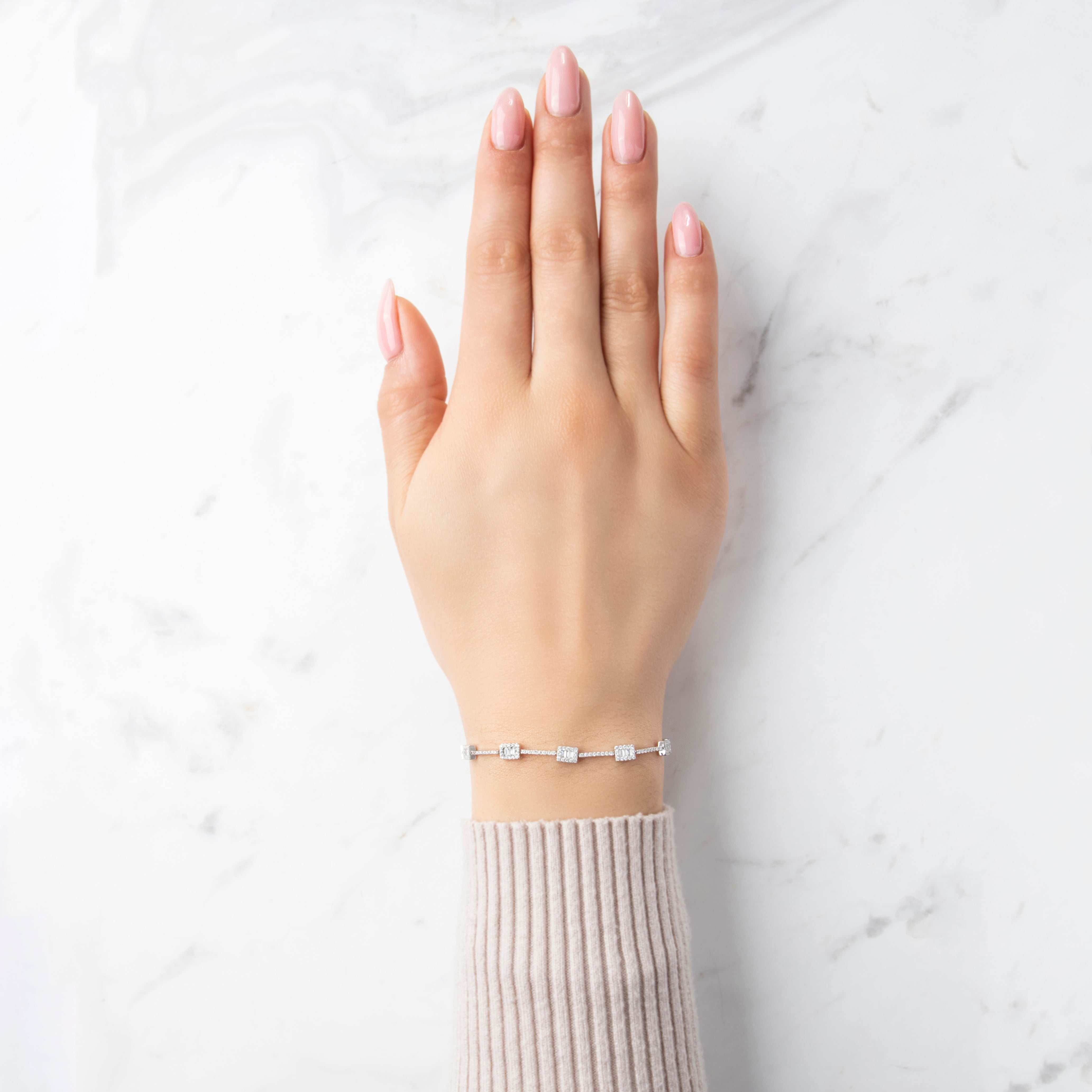 Vintage 14K White Gold .74cttw Diamond Rectangular Station Tennis Bracelet - On model view