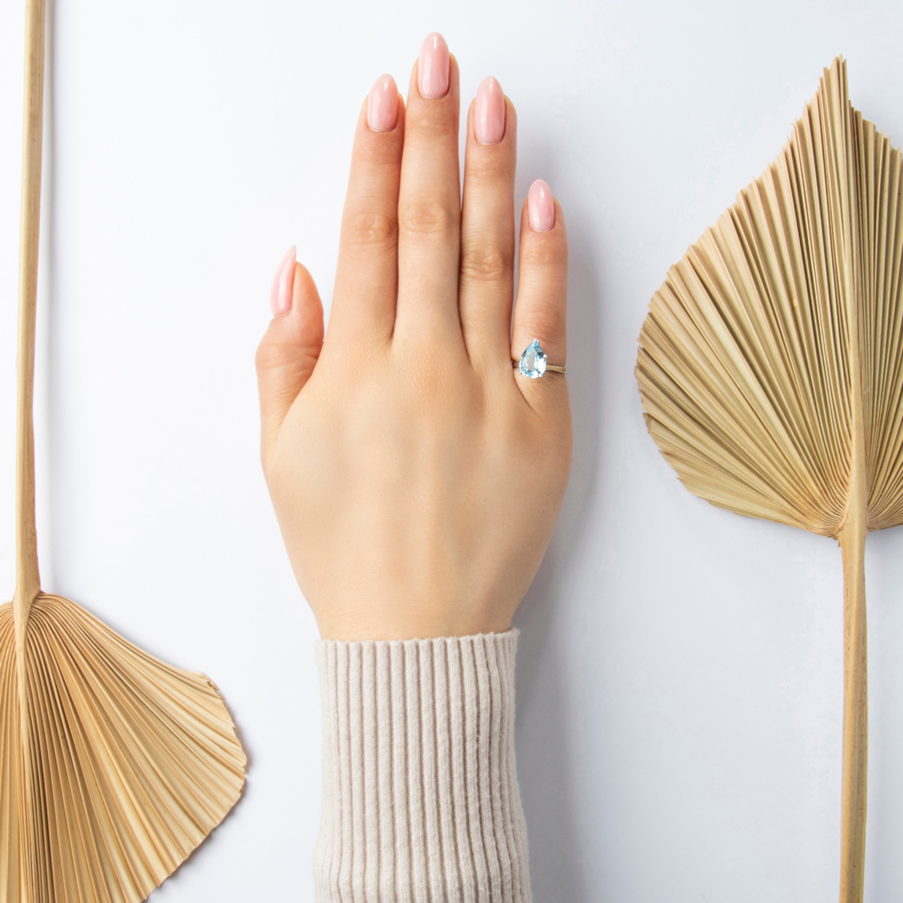 Vintage 14K White Gold 2.53ct Light Blue Topaz Pear Solitaire Ring - On model view