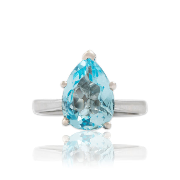 Vintage 14k White Gold 2.53ct Light Blue Topaz Bold Pear Solitaire Ring 4.75