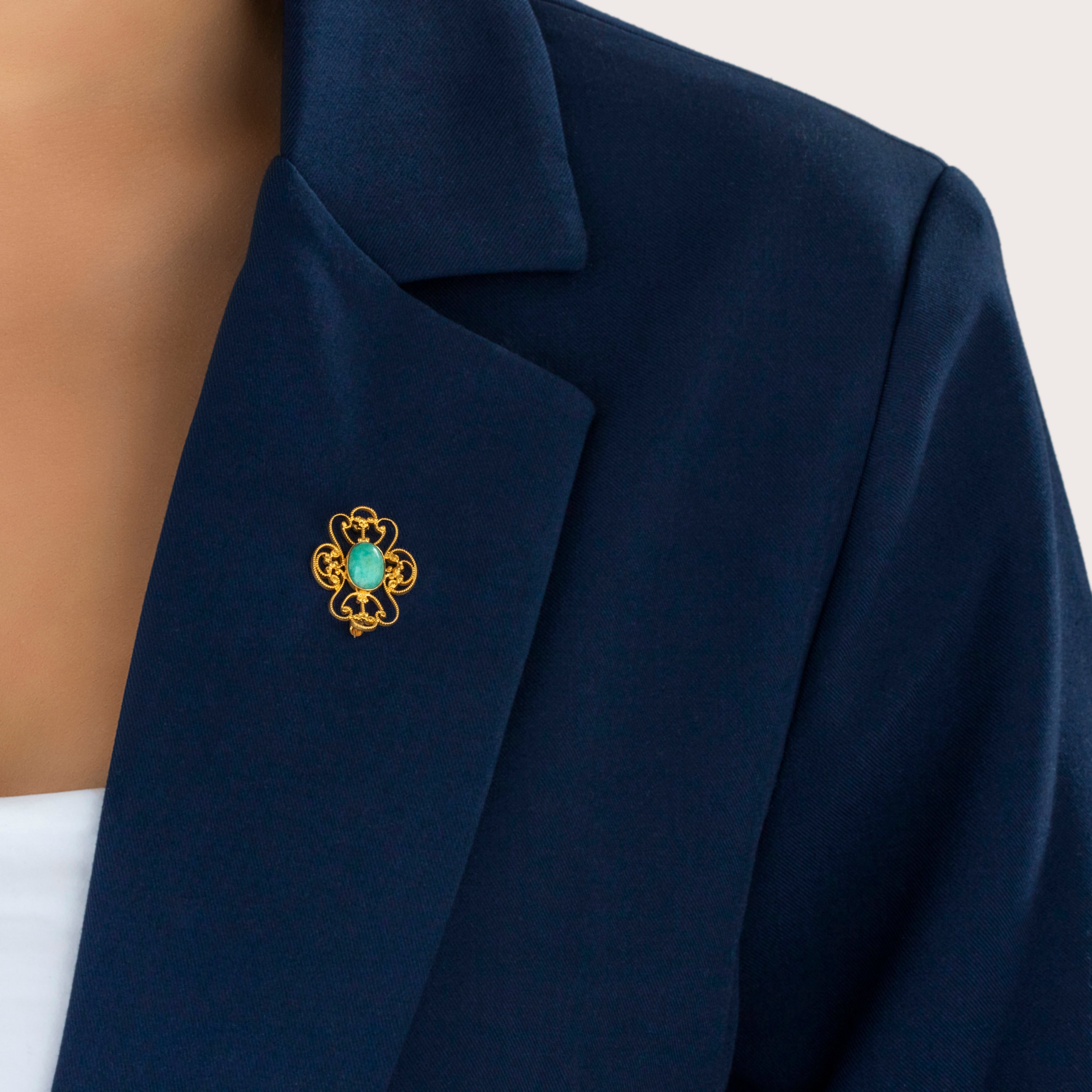 Vintage 10K Yellow Gold 1.77ct Amazonite Filigree Milgrain Brooch/Pin - On model view