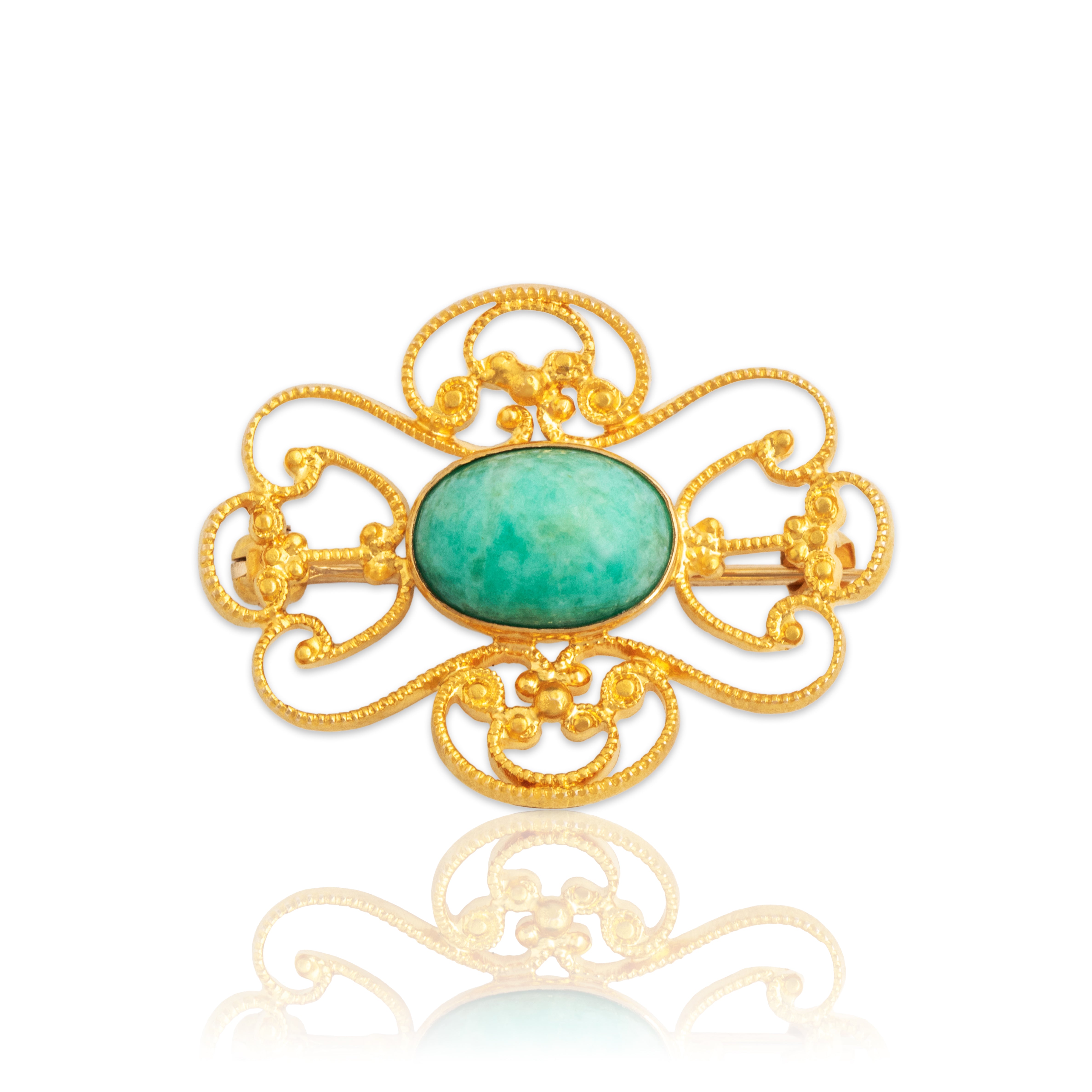 Vintage 10K Yellow Gold 1.77ct Amazonite Filigree Milgrain Brooch/Pin - Close-up view