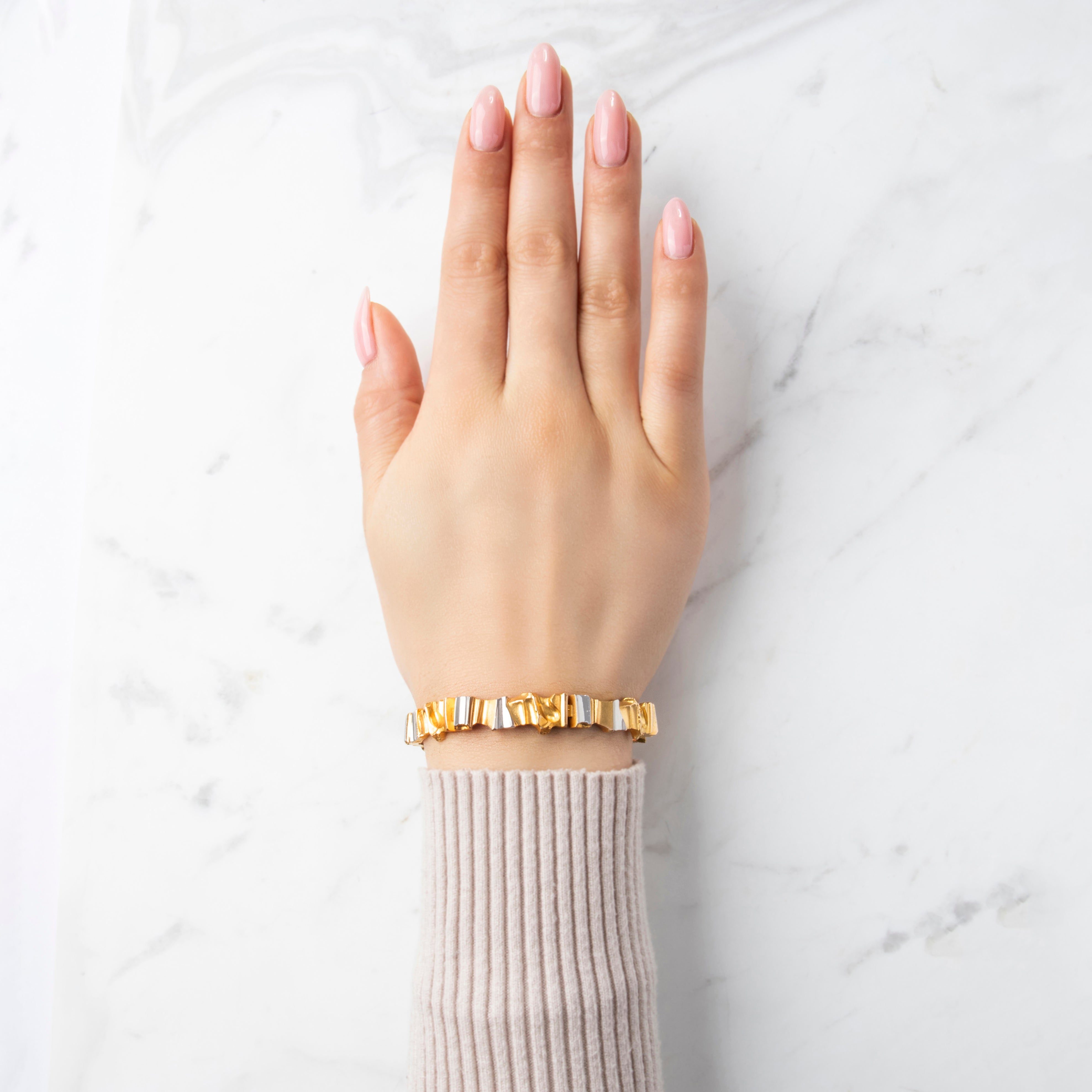 Vintage Finnish 14K Yellow & White Gold Heavy Modernist Freeform Link Bracelet - On model view