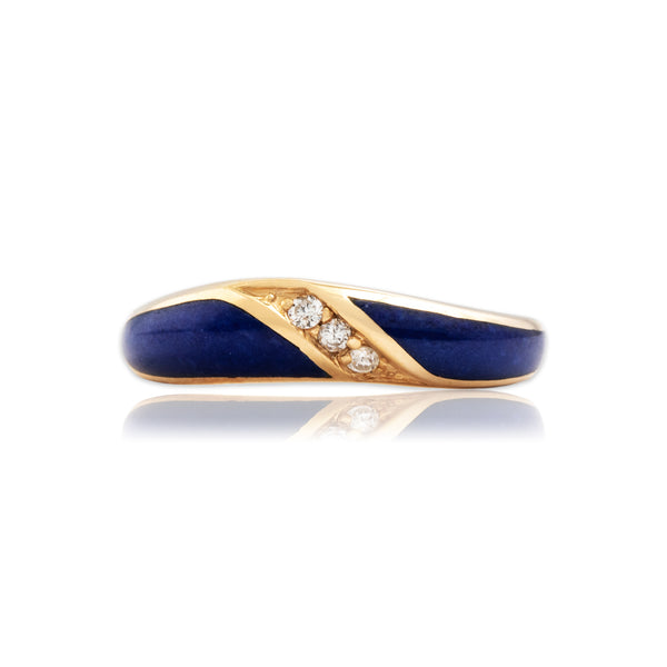 Vintage 14k Yellow Gold Diamond Lapis Lazuli Wave Inlay Ring 6.00