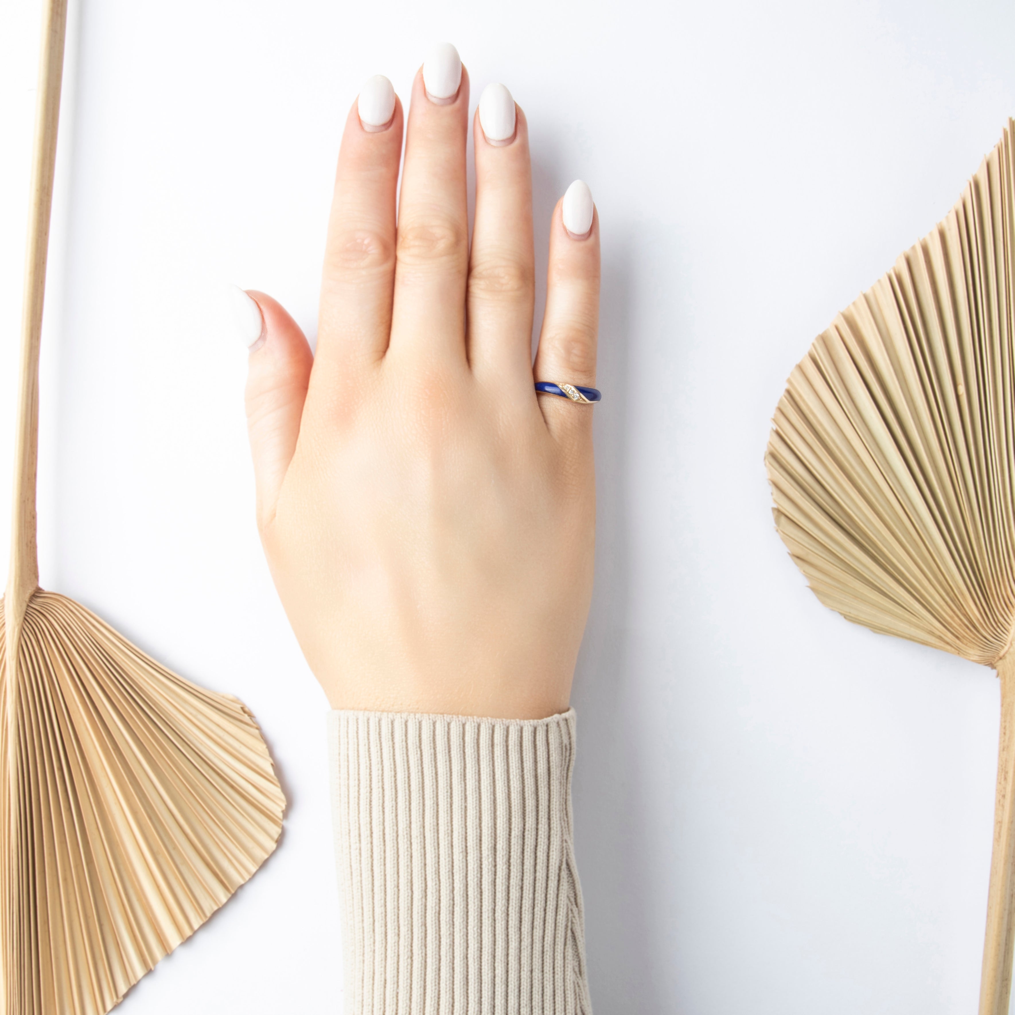 Vintage 14K Yellow Gold .03cttw Diamond Wave Inlay Ring - On model view