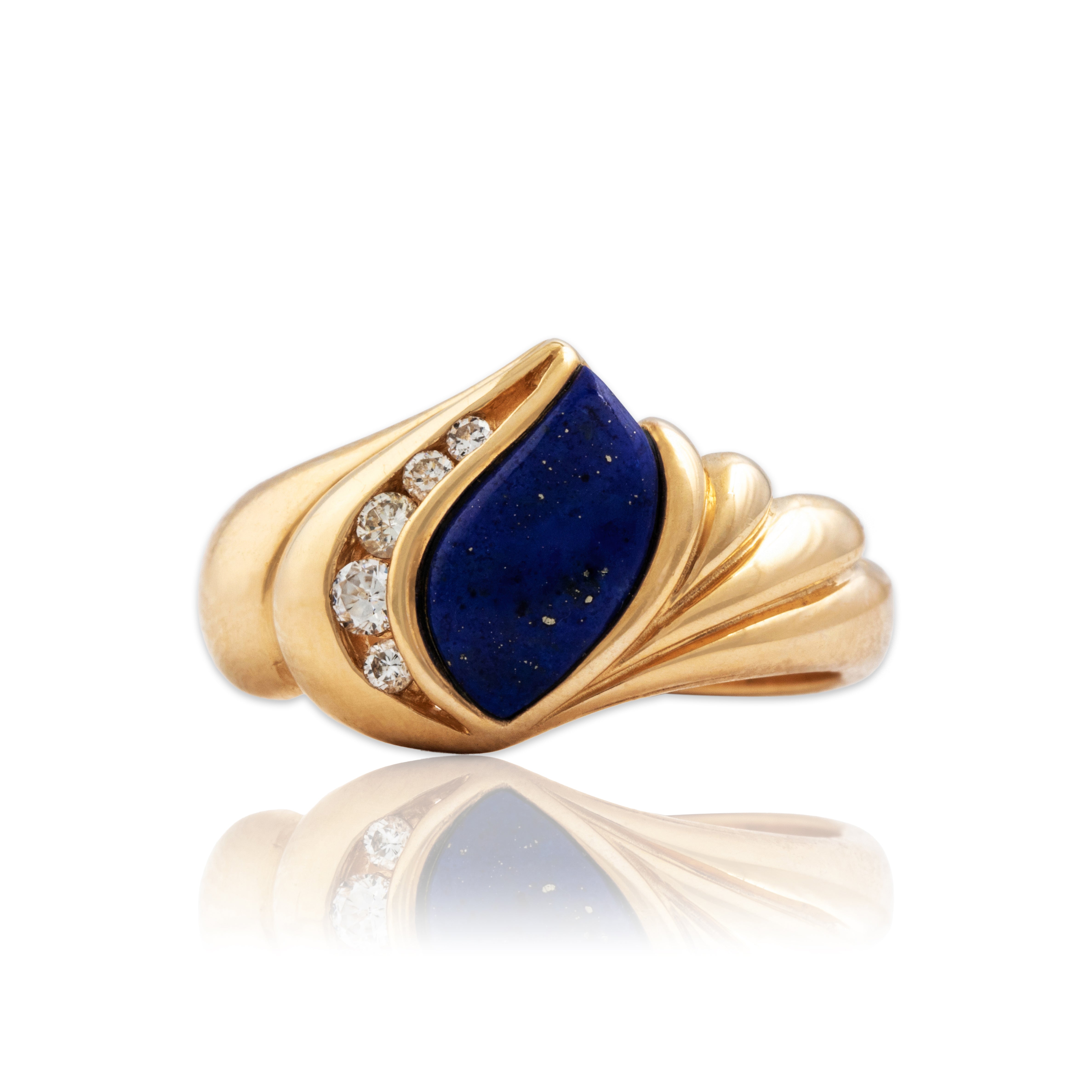Vintage 14k Yellow Gold Diamond Lapis Lazuli Bold Wave Ring 6.00