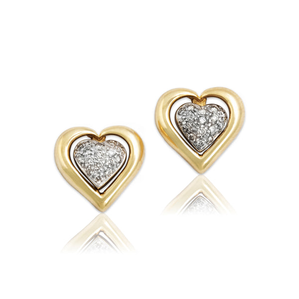 Vintage 14k Yellow & White Gold Diamond Heart Jacket Stud Earrings