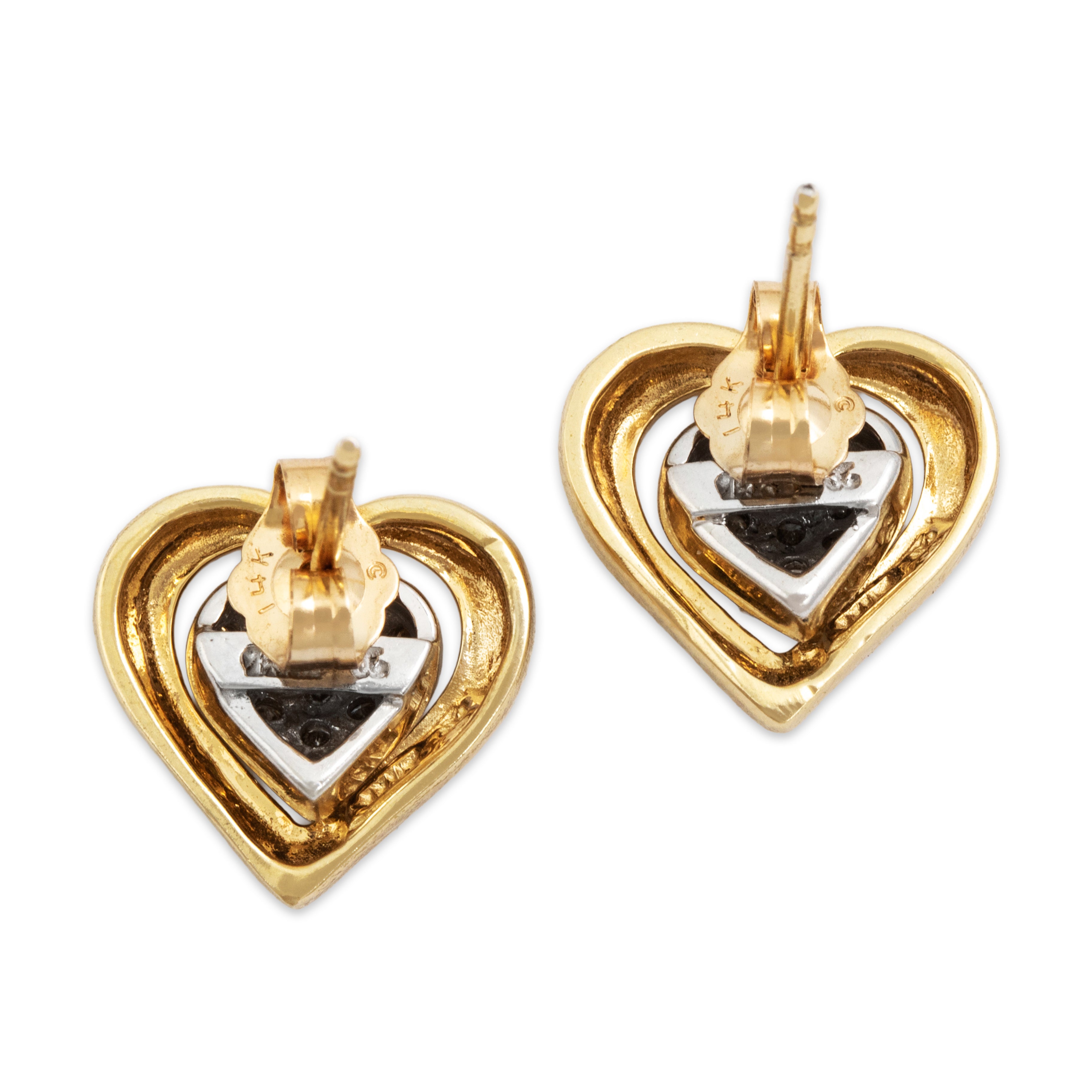 Vintage 14K Yellow and White Gold .19cttw Diamond Heart Jacket Stud Earrings - Back view