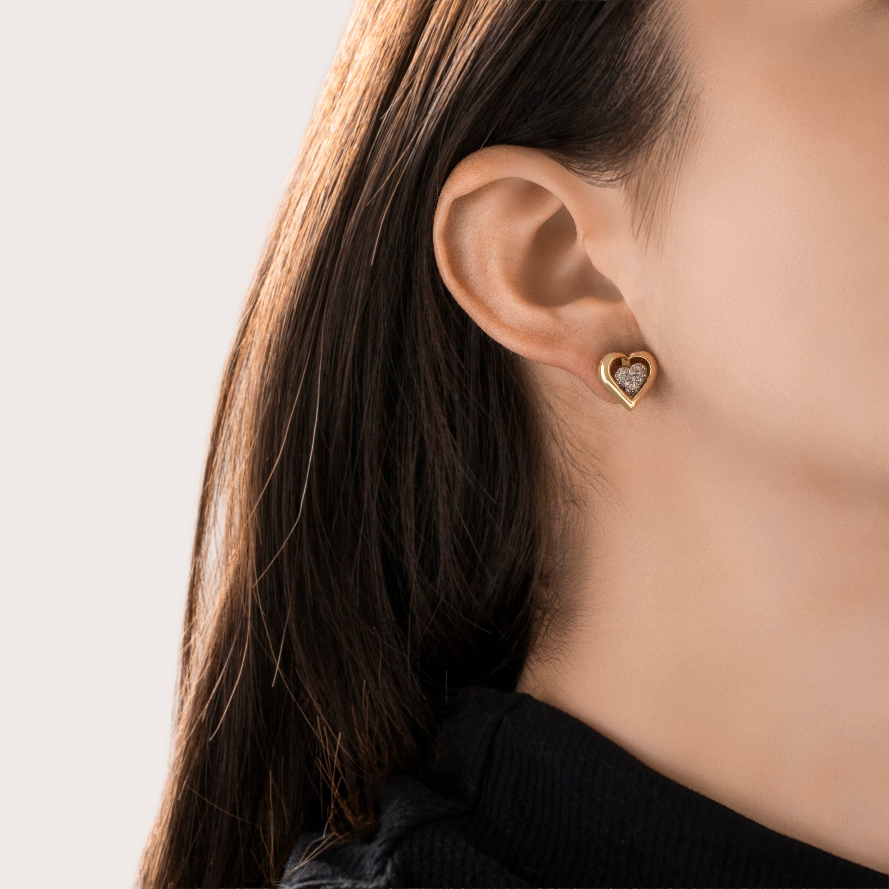 Vintage 14K Yellow and White Gold .19cttw Diamond Heart Jacket Stud Earrings - On model view