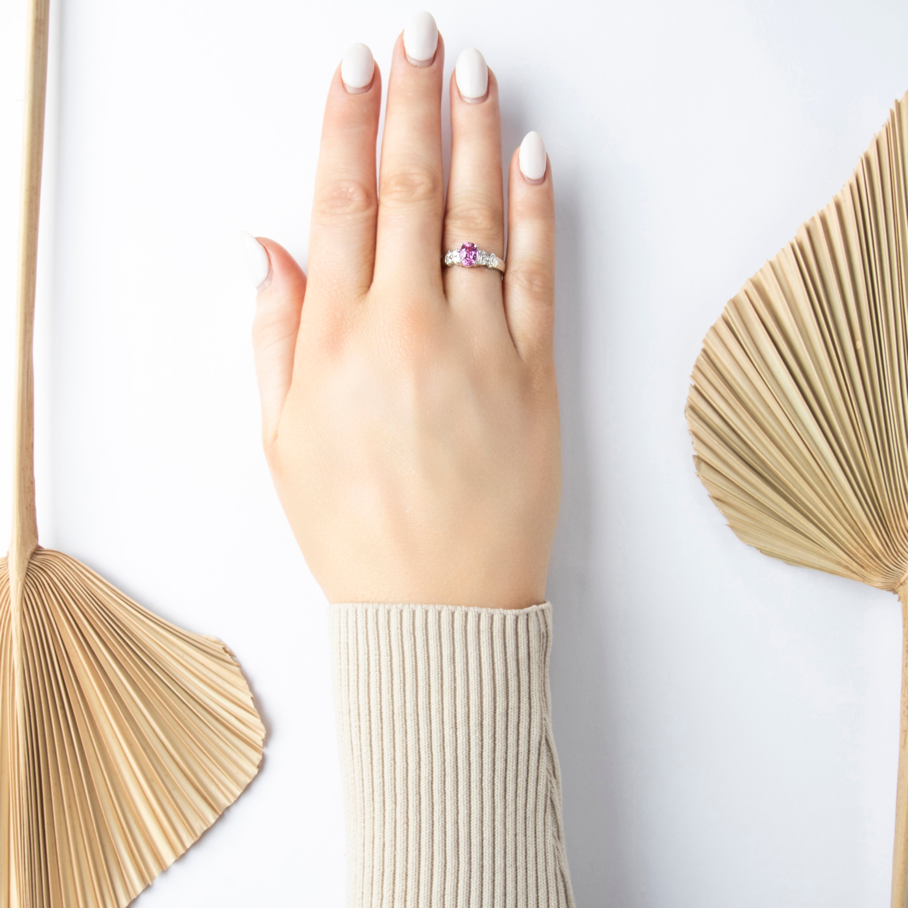 Vintage 18K White Gold 1.01ct Pink Sapphire Bright Oval Ring - On model view