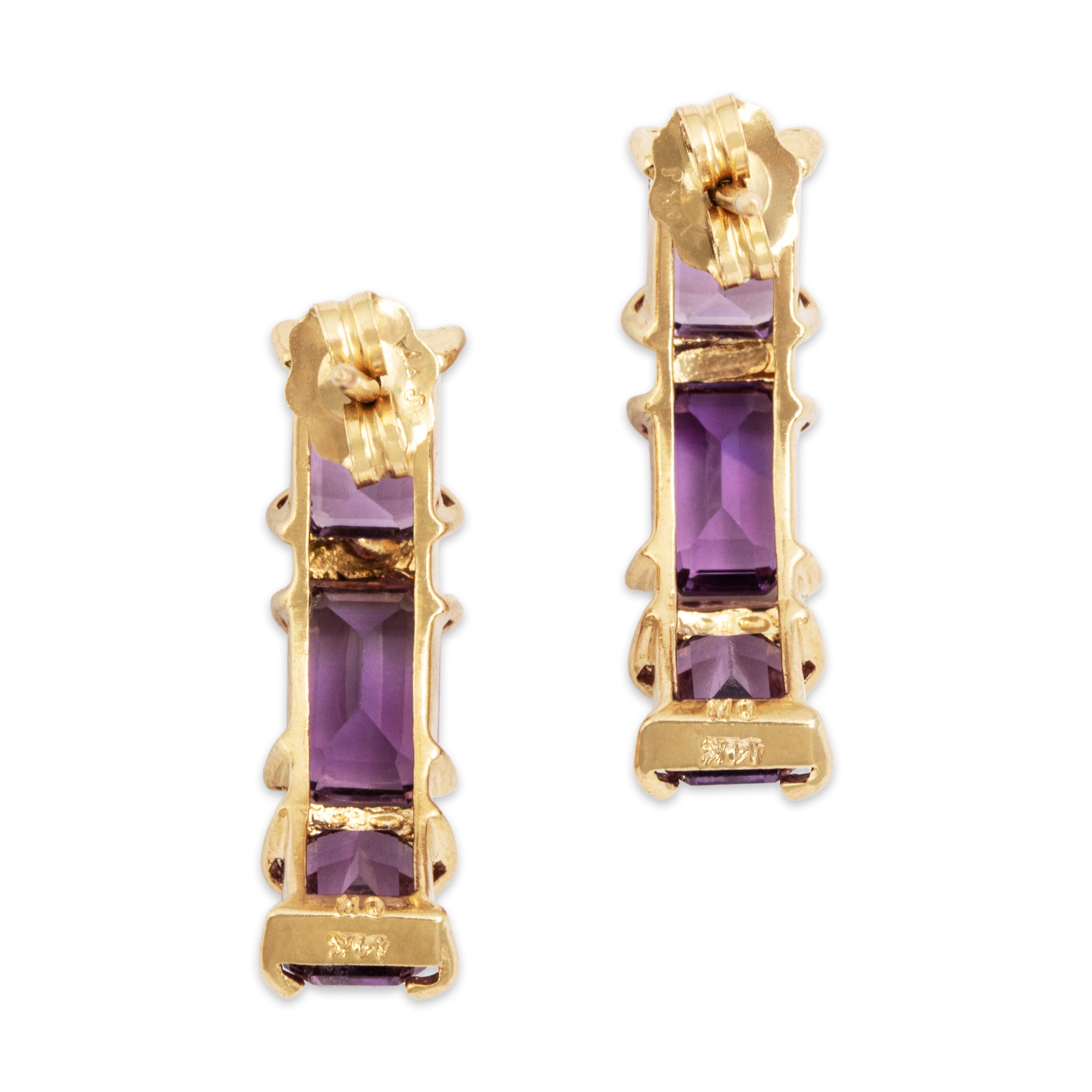 Vintage 14K Yellow Gold 2.81cttw Amethyst Emerald-Cut Line Earrings - Back view