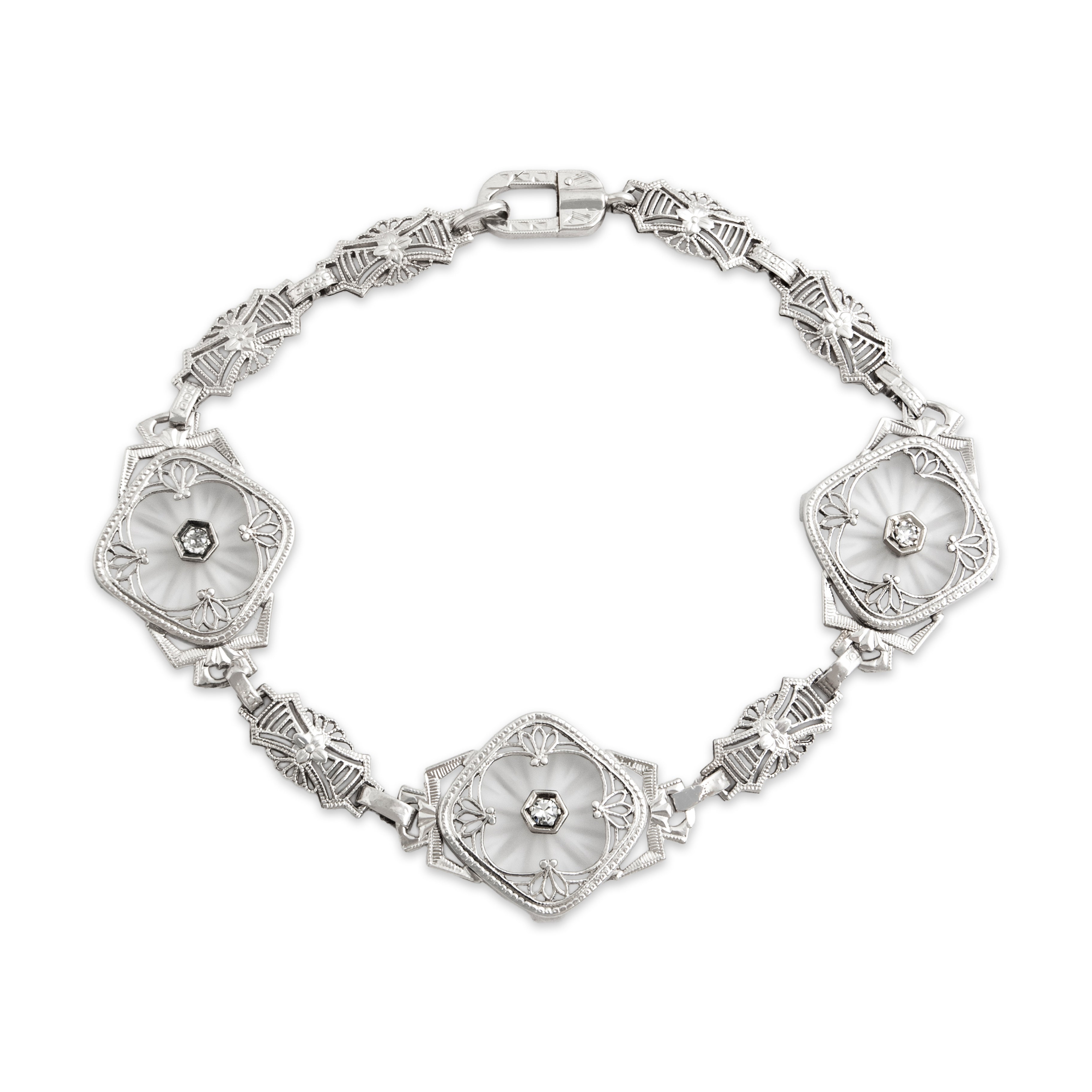 Antique Art Deco 14K White Gold .09cttw Diamond Link Bracelet - Overall view